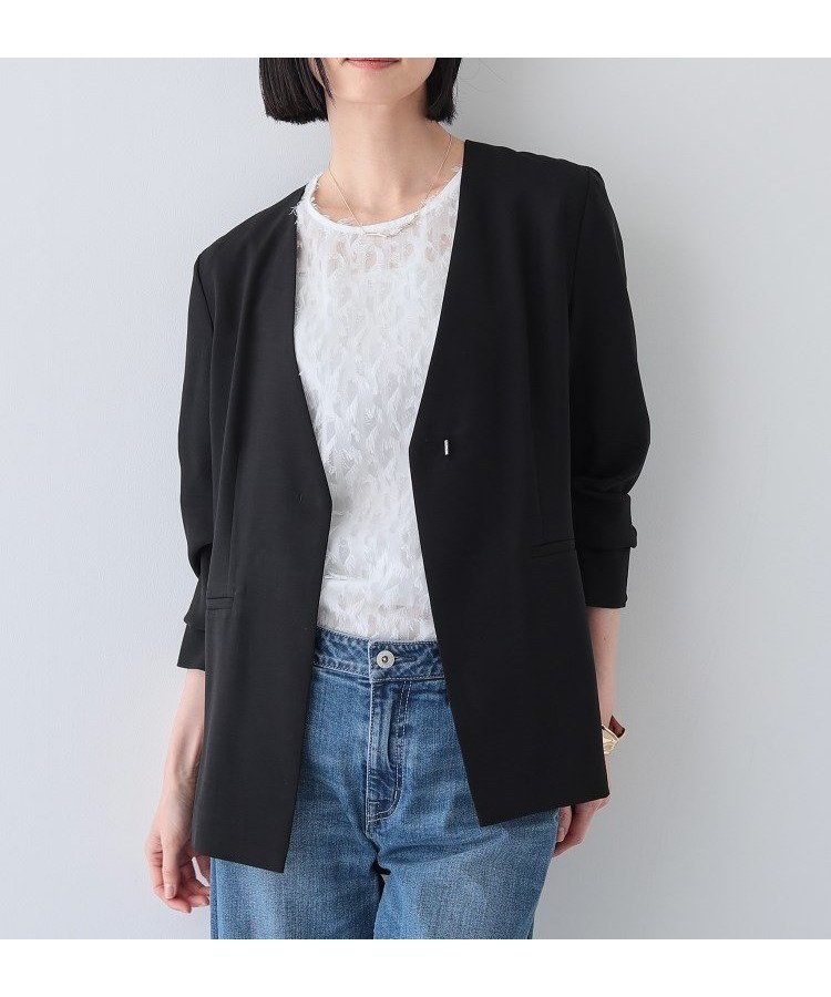 【インディヴィ/INDIVI】の春SALE!【洗える/バックシャン】ハンサムノーカラージャケット インテリア・キッズ・メンズ・レディースファッション・服の通販 founy(ファニー) 　ファッション　Fashion　レディースファッション　Ladies' Fashion Online　アウター　Coat Outerwear　ジャケット　Jackets　ノーカラージャケット　No Collar Leather Jackets　おすすめ　Recommend　とろみ　Thickness　インナー　Inner　サマー　Summer　シンプル　Simple　ジャケット　Jacket　ストレッチ　Stretch　スリット　Slit　ポケット　Pocket　ラップ　Wrap　春　Spring　洗える　Washable　羽織　Haori　ブラック|ID: prp329100004594050 ipo3291000000032628717