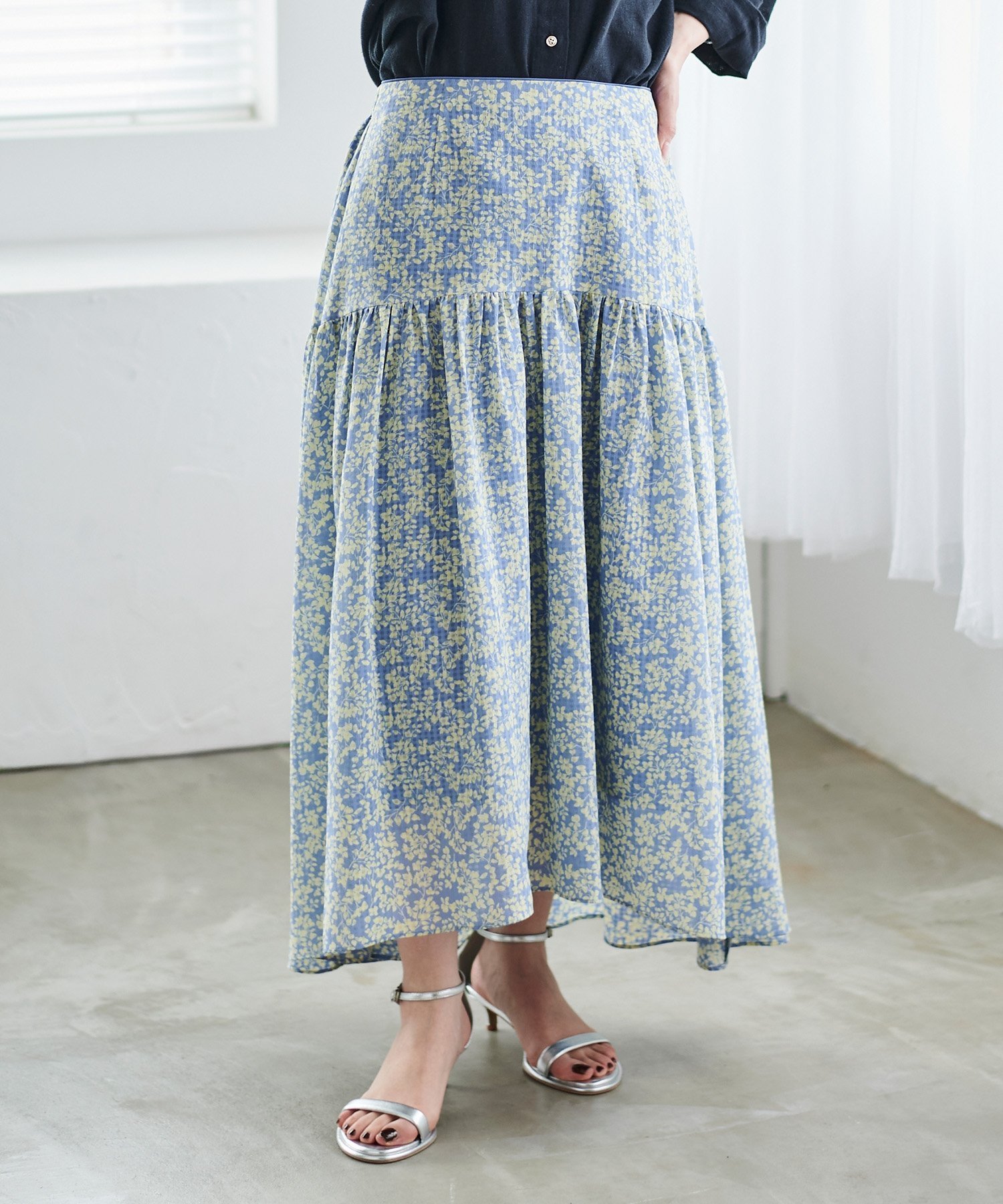 【ルクールブラン/le.coeur blanc】のリーフプリントキリカエギャザースカート インテリア・キッズ・メンズ・レディースファッション・服の通販 founy(ファニー) 　ファッション　Fashion　レディースファッション　Ladies' Fashion Online　スカート　Skirt　シアー　Sheer　ストレート　Straight　セットアップ　Set Up　トレンド　Trend　なめらか　Smooth　プリント　Print　ヘムライン　Hemline　リラックス　Relax　リーフ　Leaf　おすすめ　Recommend　夏　Summer　ブルー柄|ID: prp329100004594361 ipo3291000000032636178