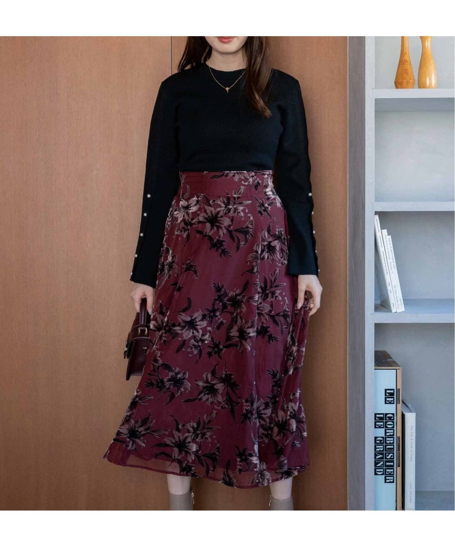 【ノエラ/Noela】のベロアプリント花柄スカート インテリア・キッズ・メンズ・レディースファッション・服の通販 founy(ファニー) 　ファッション　Fashion　レディースファッション　Ladies' Fashion Online　スカート　Skirt　プリント　Print　ベロア　Velor　ポケット　Pocket　ボルドー|ID: prp329100004594572 ipo3291000000032640075