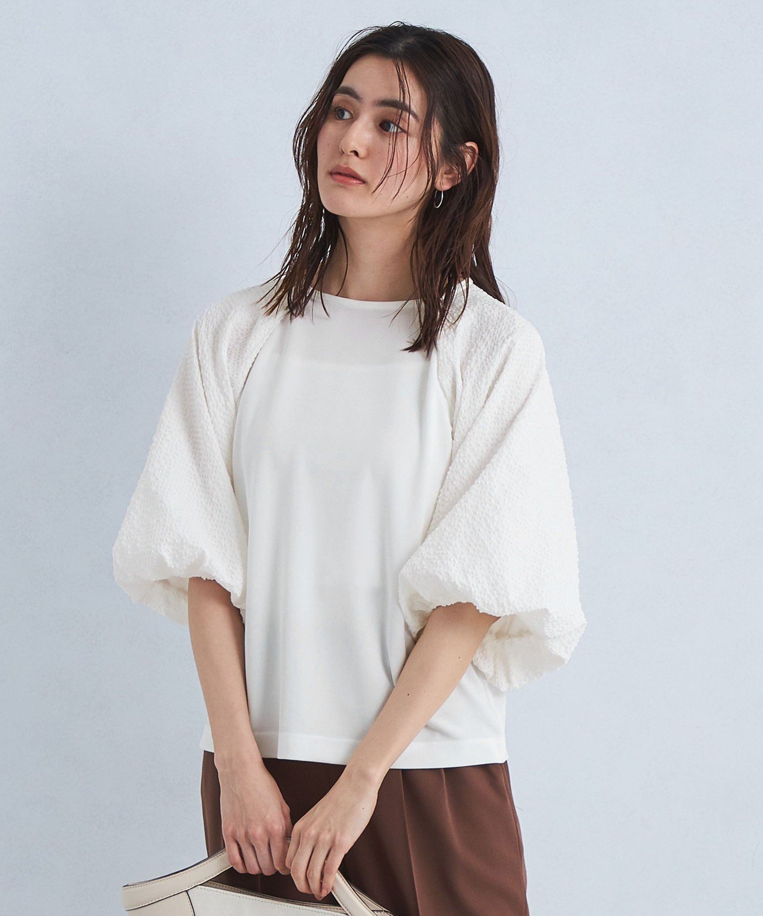 【ユナイテッドアローズ/UNITED ARROWS】のバルーン スリーブ コンビ プルオーバー カットソー 人気、トレンドファッション・服の通販 founy(ファニー) 　ファッション　Fashion　レディースファッション　Fashion for Women　トップス・カットソー　Cut & Sew Tops　カジュアルプルオーバー・ニットトップス　Pullovers & Knit Tops / Casual Pullovers　カットソー・ベーシックTシャツ　Cut-and-Sewn Tops / Stretch Tees & Basics　ウェーブ　Wavy Pattern　カットソー　Cut and Sewn Top　コンビ　Combo, Combination Style　スリーブ　Sleeve, Long Sleeve / Short Sleeve　バルーン　Balloon, Balloon Silhouette　 other-1|ID: prp329100004594692 ipo3291000000033401309