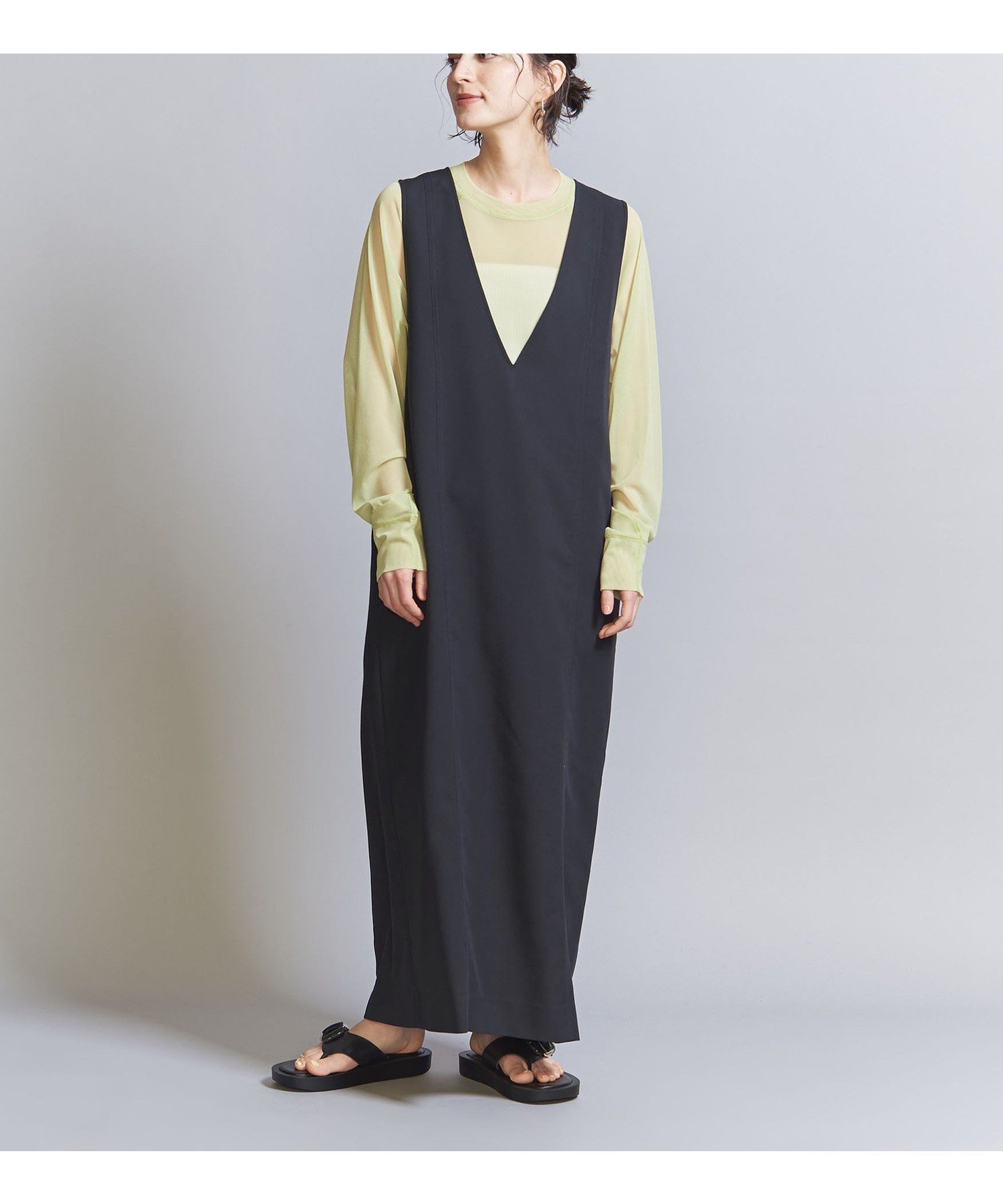 【ユナイテッドアローズ/UNITED ARROWS】のカルゼ ディープVネック ジャンパースカート インテリア・キッズ・メンズ・レディースファッション・服の通販 founy(ファニー) 　ファッション　Fashion　レディースファッション　Fashion for Women　スカート　Skirts　春　Spring　カットソー　Cut and Sewn Top　スリーブ　Sleeve, Long Sleeve / Short Sleeve　ドレープ　Drape, Draping Fabric　ボーダー　Border, Stripe　ポケット　Pocket, Pocket Detail　おすすめ　Recommended / Our Picks　エレガント 上品　Elegant　NAVY|ID: prp329100004594706 ipo3291000000033426881