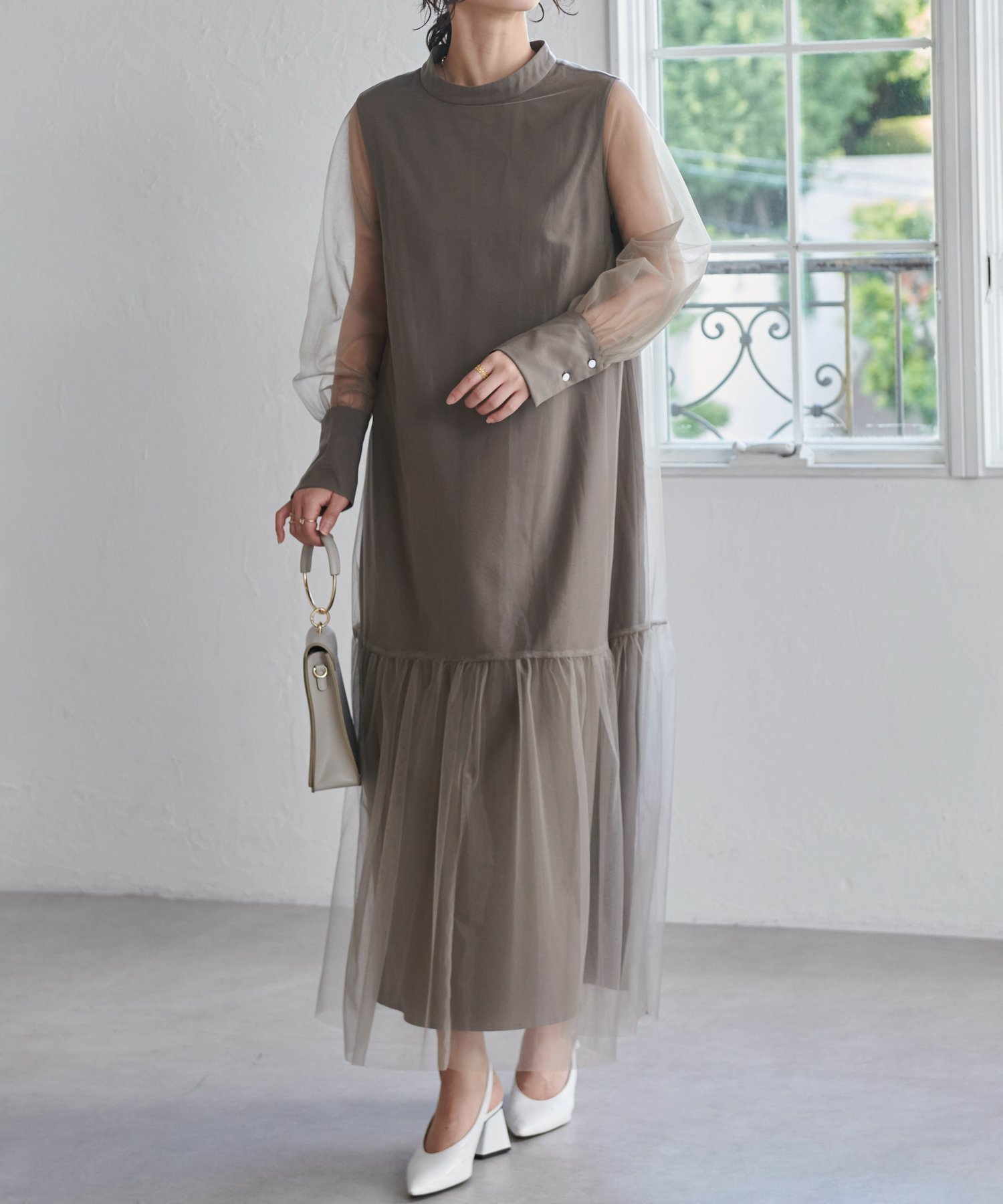 【ラナン/Ranan】のチュールティアードワンピース インテリア・キッズ・メンズ・レディースファッション・服の通販 founy(ファニー) 　ファッション　Fashion　レディースファッション　Ladies' Fashion Online　ワンピース　Dress　おすすめ　Recommend　カフス　Cuffs　ジャケット　Jacket　チュール　Tulle　フェミニン　Feminine　フレア　Flare　ポケット　Pocket　リボン　Ribbon　エレガント 上品　Elegant　切替　Switching　結婚式　Wedding Ceremony　ブラウン|ID: prp329100004594718 ipo3291000000032642897
