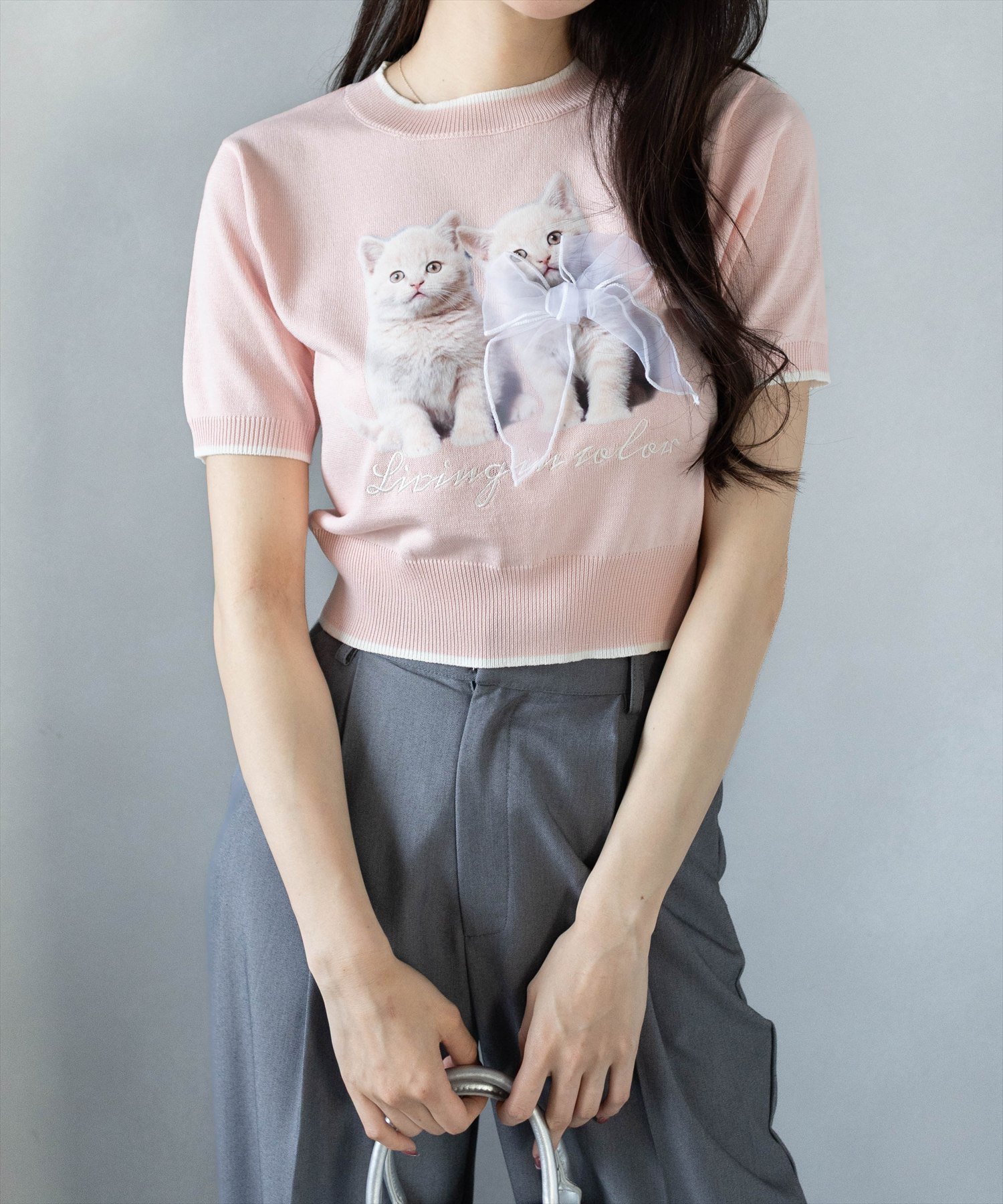 【クリア/clear】のネコプリントリボン半袖ニットトップス インテリア・キッズ・メンズ・レディースファッション・服の通販 founy(ファニー) 　ファッション　Fashion　レディースファッション　Ladies' Fashion Online　トップス・カットソー　Tops/Tshirt　ニット　Knit Tops　デニム　Denim　トレンド　Trend　ネコ　Cat　プリント　Print　ミニスカート　Mini Skirt　リボン　Ribbon　半袖　Short Sleeve　PK|ID: prp329100004594724 ipo3291000000032643054