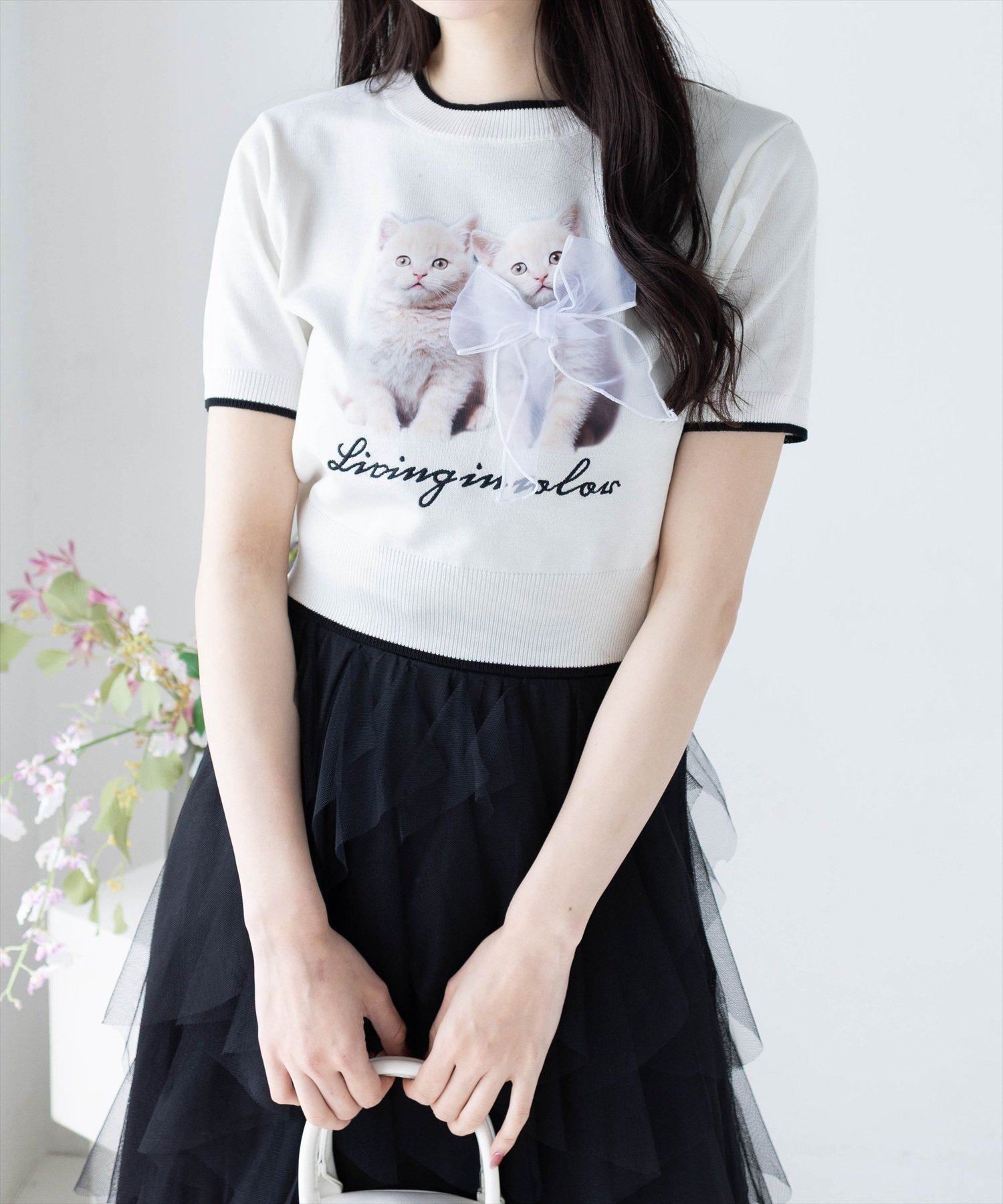 【クリア/clear】のネコプリントリボン半袖ニットトップス インテリア・キッズ・メンズ・レディースファッション・服の通販 founy(ファニー) 　ファッション　Fashion　レディースファッション　Ladies' Fashion Online　トップス・カットソー　Tops/Tshirt　ニット　Knit Tops　デニム　Denim　トレンド　Trend　ネコ　Cat　プリント　Print　ミニスカート　Mini Skirt　リボン　Ribbon　半袖　Short Sleeve　IV|ID: prp329100004594724 ipo3291000000032643055