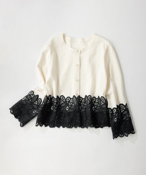 【ストロベリーフィールズ/STRAWBERRY FIELDS】のレース*パール釦ニットジャケット インテリア・キッズ・メンズ・レディースファッション・服の通販 founy(ファニー) 　ファッション　Fashion　レディースファッション　Ladies' Fashion Online　アウター　Coat Outerwear　ジャケット　Jackets　ジャケット　Jacket　パール　Pearl　レース　Race　オフホワイト2|ID: prp329100004594887 ipo3291000000032645268