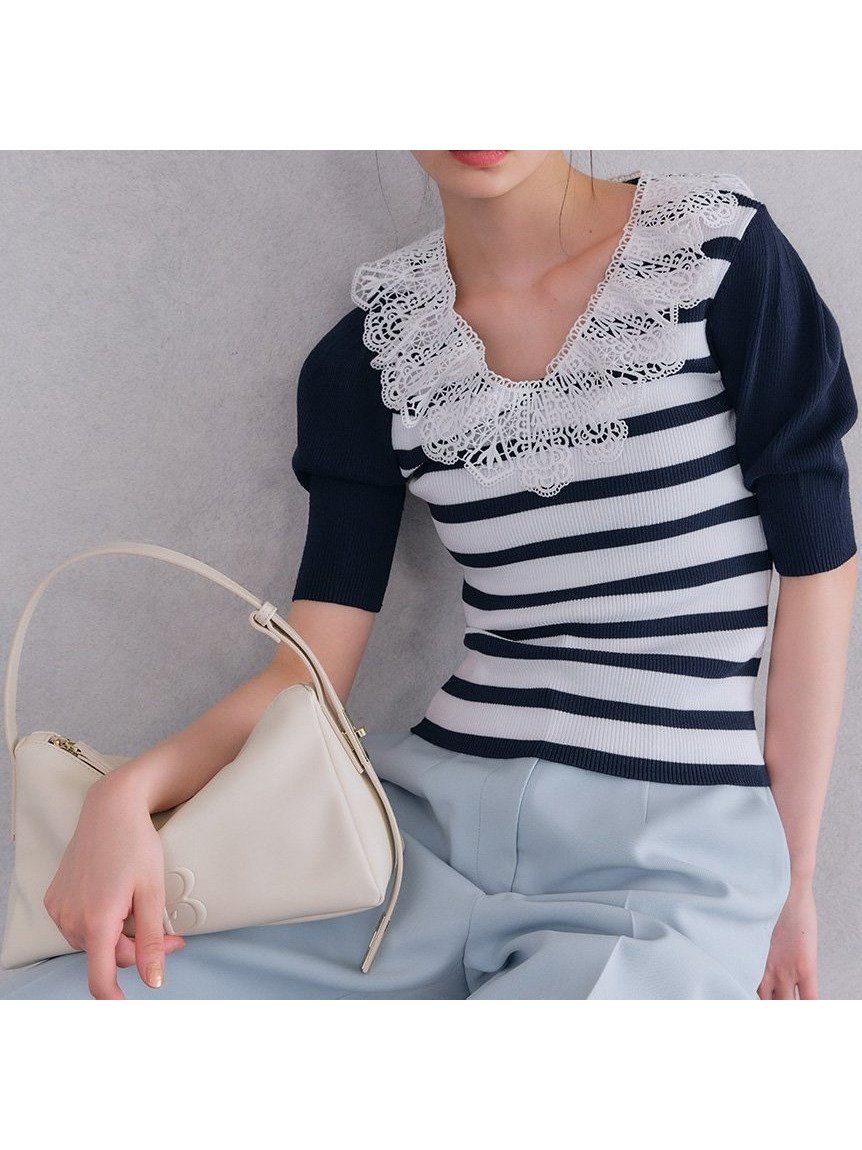 【リリーブラウン/Lily Brown】のレースカラーニットトップス インテリア・キッズ・メンズ・レディースファッション・服の通販 founy(ファニー) 　ファッション　Fashion　レディースファッション　Fashion for Women　トップス・カットソー　Cut & Sew Tops　ニット　Knit Tops & Sweaters　スリーブ　Sleeve, Long Sleeve / Short Sleeve　パターン　Pattern, Design Print　フレア　Flare, Flared　ボーダー　Border, Stripe　レース　Lace, Lace Fabric　エレガント 上品　Elegant　BORDER[933]|ID: prp329100004595038 ipo3291000000032647305