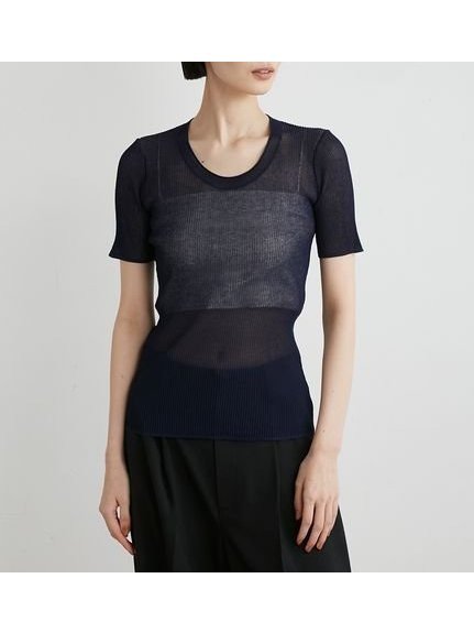 【ミースロエ/MIESROHE】のUネックハーフスリーブシアーNT インテリア・キッズ・メンズ・レディースファッション・服の通販 founy(ファニー) 　ファッション　Fashion　レディースファッション　Ladies' Fashion Online　シンプル　Simple　デコルテ　Decolletage　エレガント 上品　Elegant　NVY[089]|ID: prp329100004595073 ipo3291000000032647929