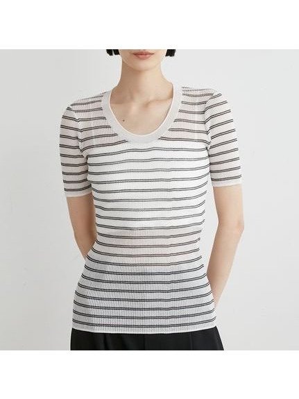 【ミースロエ/MIESROHE】のUネックハーフスリーブシアーNT インテリア・キッズ・メンズ・レディースファッション・服の通販 founy(ファニー) 　ファッション　Fashion　レディースファッション　Ladies' Fashion Online　シンプル　Simple　デコルテ　Decolletage　エレガント 上品　Elegant　BORDER[933]|ID: prp329100004595073 ipo3291000000032647931