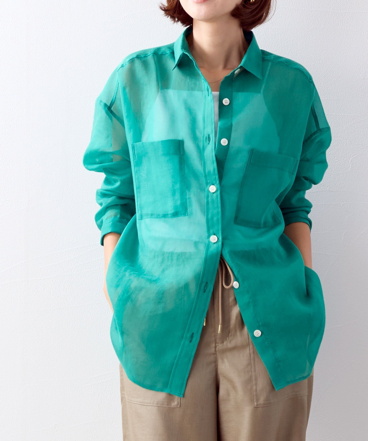 【マイカ ディール/MICA & DEAL】のソフトオーガンジーシャツ インテリア・キッズ・メンズ・レディースファッション・服の通販 founy(ファニー) 　ファッション　Fashion　レディースファッション　Ladies' Fashion Online　トップス・カットソー　Tops/Tshirt　シャツ/ブラウス　Shirts/Blouses　ベーシック　Basic　ポケット　Pocket　おすすめ　Recommend　夏　Summer　GREEN|ID: prp329100004595535 ipo3291000000032653926