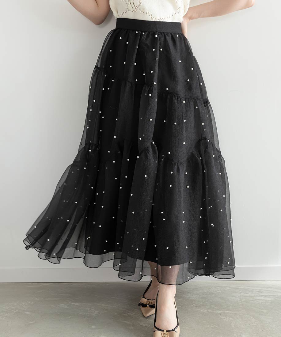 【ランダ/RANDA】のパールオーガンジーティアードスカート インテリア・キッズ・メンズ・レディースファッション・服の通販 founy(ファニー) 　ファッション　Fashion　レディースファッション　Fashion for Women　スカート　Skirts　ティアードスカート　Tiered Skirts　おすすめ　Recommended / Our Picks　アシンメトリー　Asymmetrical Style　オーガンジー　Organza Fabric　シンプル　Simple, Minimal　ティアード　Tiered, Tiered Style　パール　Pearl, Pearl Accent　フェミニン　Feminine, Girly　フレア　Flare, Flared　BLACK|ID: prp329100004595551 ipo3291000000032654094
