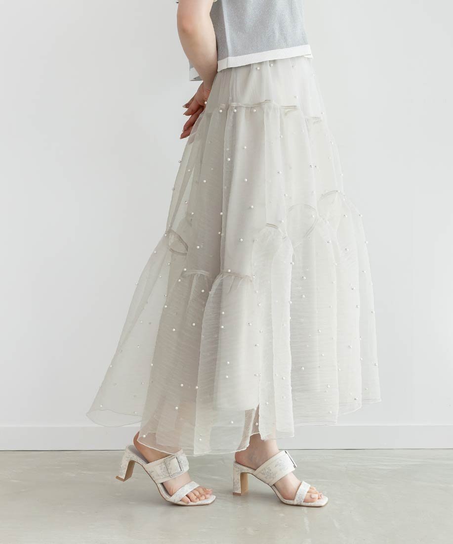 【ランダ/RANDA】のパールオーガンジーティアードスカート インテリア・キッズ・メンズ・レディースファッション・服の通販 founy(ファニー) 　ファッション　Fashion　レディースファッション　Fashion for Women　スカート　Skirts　ティアードスカート　Tiered Skirts　おすすめ　Recommended / Our Picks　アシンメトリー　Asymmetrical Style　オーガンジー　Organza Fabric　シンプル　Simple, Minimal　ティアード　Tiered, Tiered Style　パール　Pearl, Pearl Accent　フェミニン　Feminine, Girly　フレア　Flare, Flared　GRAY|ID: prp329100004595551 ipo3291000000032654096