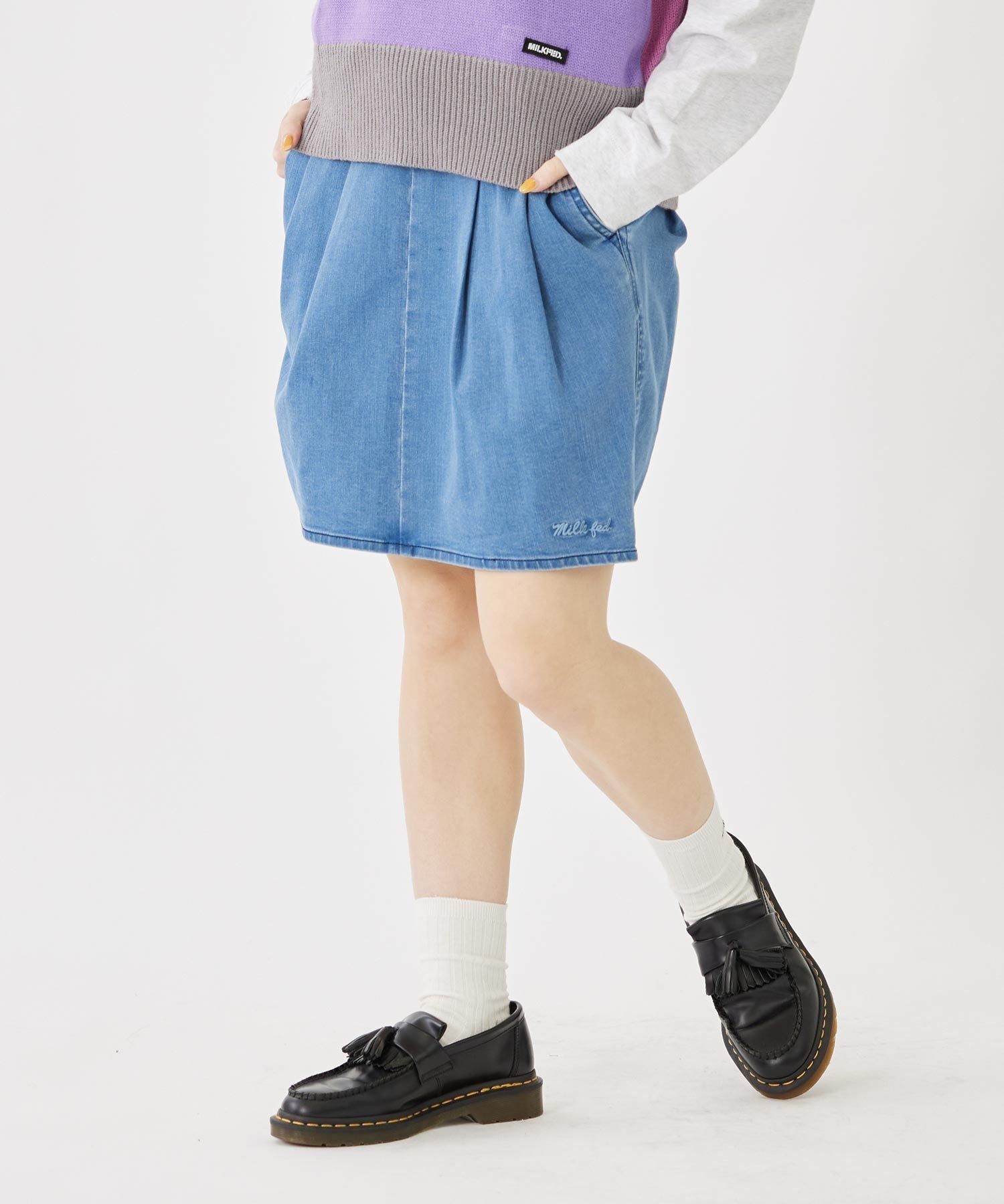 【ミルクフェド/MILKFED.】のDENIM COCOON SKIRT インテリア・キッズ・メンズ・レディースファッション・服の通販 founy(ファニー) 　ファッション　Fashion　レディースファッション　Ladies' Fashion Online　スカート　Skirt　おすすめ　Recommend　キャミ　Cami　コクーン　Cocoon　コンパクト　Compact　ショート　Short　タンク　Tank　デニム　Denim　トレンド　Trend　LtBLUE|ID: prp329100004595611 ipo3291000000032654823
