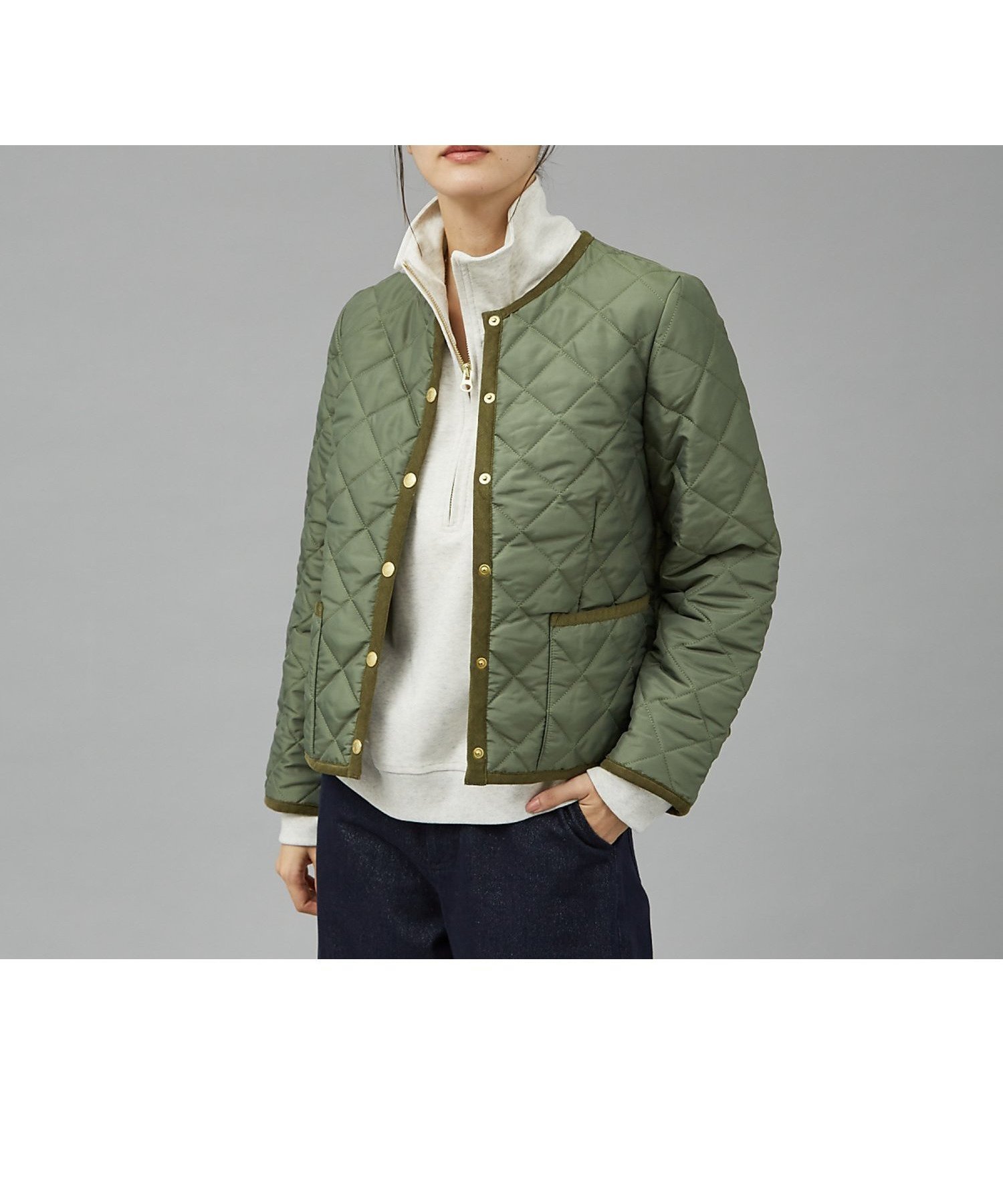 【カリテ/qualite】の【TRADITIONAL WEATHERWEAR】キルティングノーカラーブルゾン インテリア・キッズ・メンズ・レディースファッション・服の通販 founy(ファニー) 　ファッション　Fashion　レディースファッション　Fashion for Women　アウター　Coat / Outerwear Collection　ブルゾンジャケット・スポーティアウター　Blouson Jackets　キルティング　Quilted, Quilting　コレクション　Collection, Seasonal Line　シンプル　Simple, Minimal　軽量　Lightweight, Ultra Light　カーキ|ID: prp329100004595769 ipo3291000000032656710