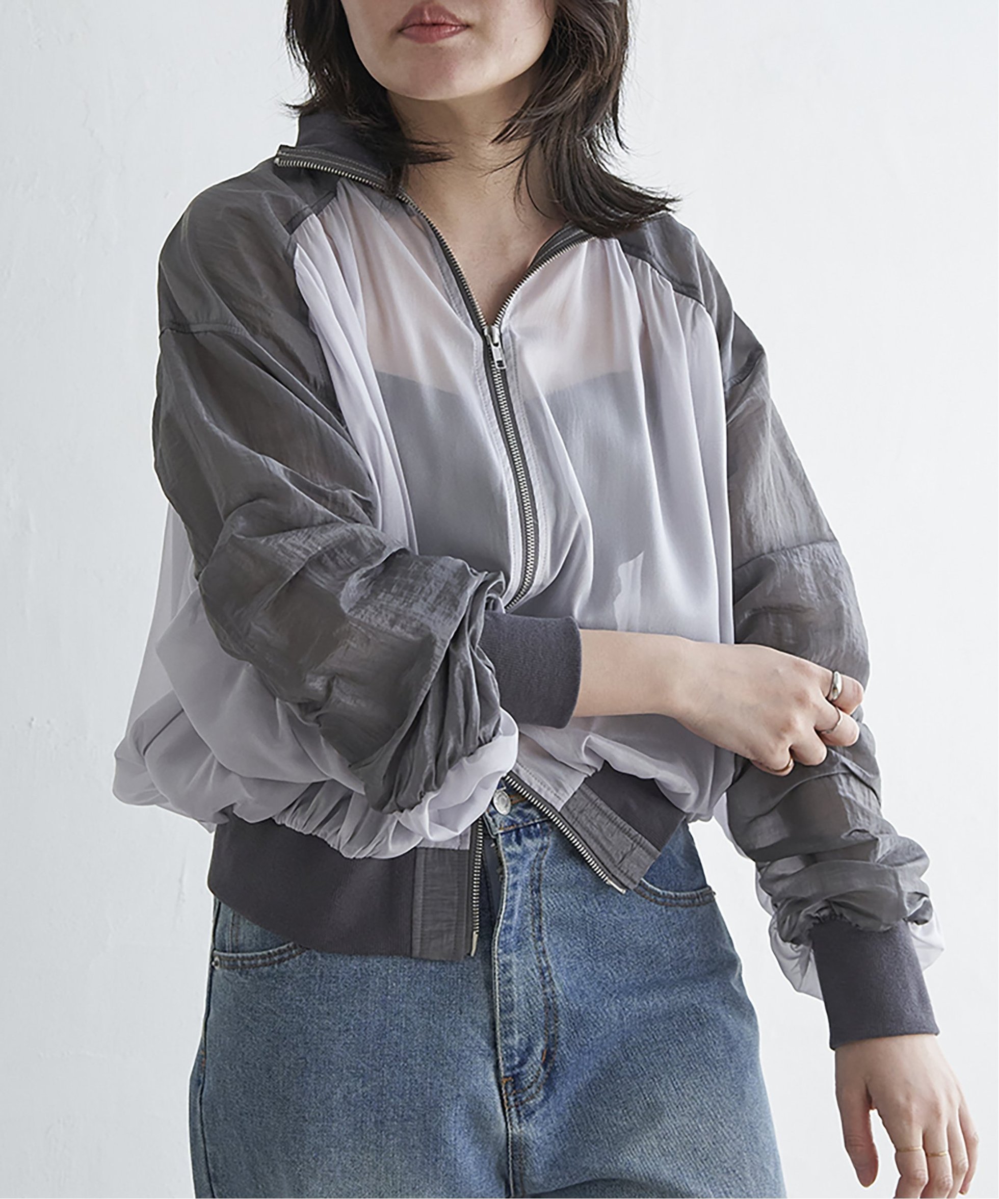【ヴァンス エクスチェンジ/VENCE EXCHANGE】のシアータフタシャーリングブルゾン 人気、トレンドファッション・服の通販 founy(ファニー) 　ファッション　Fashion　レディースファッション　Fashion for Women　アウター　Coat / Outerwear Collection　ブルゾンジャケット・スポーティアウター　Blouson Jackets　おすすめ　Recommended / Our Picks　インナー　Innerwear　シアー　Sheer, See-Through　シャーリング　Shirring, Ruched　スタンド　Stand Collar, Upright Stand　スリーブ　Sleeve, Long Sleeve / Short Sleeve　タンク　Tank Top, Sleeveless Top　 other-1|ID: prp329100004595804 ipo3291000000032656993