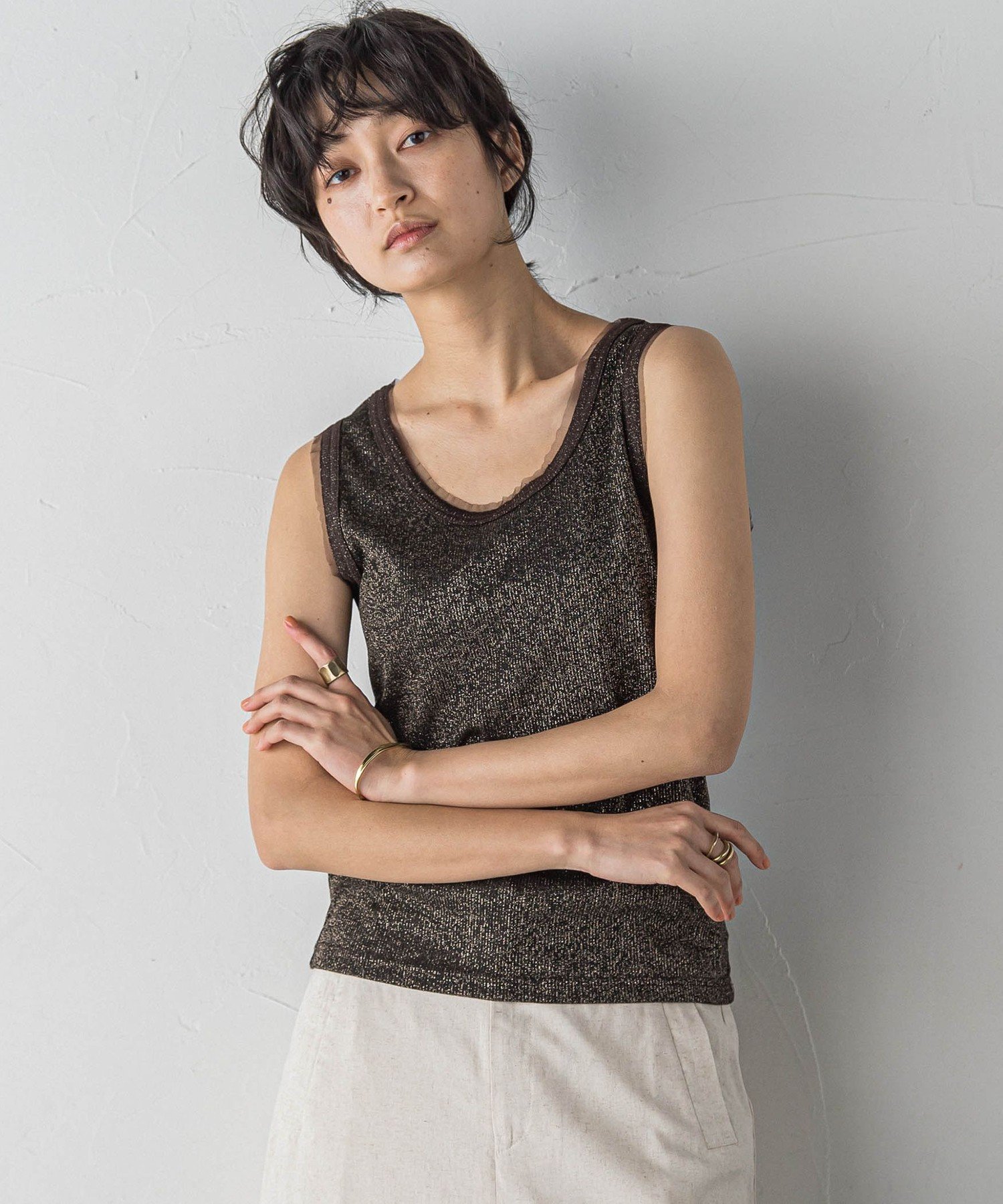 【メイソングレイ/MAYSON GREY】のチュール使いラメリブタンクトップ≪手洗い可能≫ インテリア・キッズ・メンズ・レディースファッション・服の通販 founy(ファニー) 　ファッション　Fashion　レディースファッション　Ladies' Fashion Online　インナー　Inner　春　Spring　カーディガン　Cardigan　ストレート　Straight　タンク　Tank　チュール　Tulle　S/S・春夏　Ss・Spring/Summer　夏　Summer　ブラウン|ID: prp329100004595921 ipo3291000000032657971