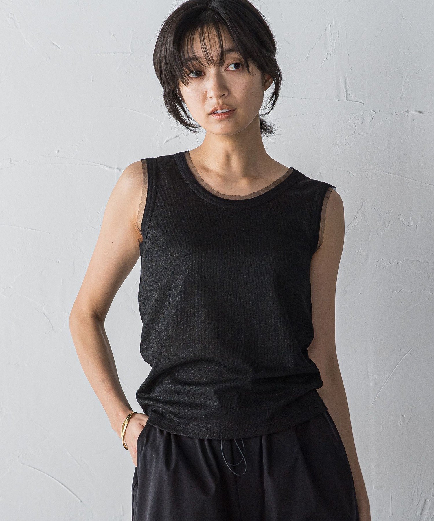 【メイソングレイ/MAYSON GREY】のチュール使いラメリブタンクトップ≪手洗い可能≫ インテリア・キッズ・メンズ・レディースファッション・服の通販 founy(ファニー) 　ファッション　Fashion　レディースファッション　Ladies' Fashion Online　インナー　Inner　春　Spring　カーディガン　Cardigan　ストレート　Straight　タンク　Tank　チュール　Tulle　S/S・春夏　Ss・Spring/Summer　夏　Summer　ブラック|ID: prp329100004595921 ipo3291000000032657977