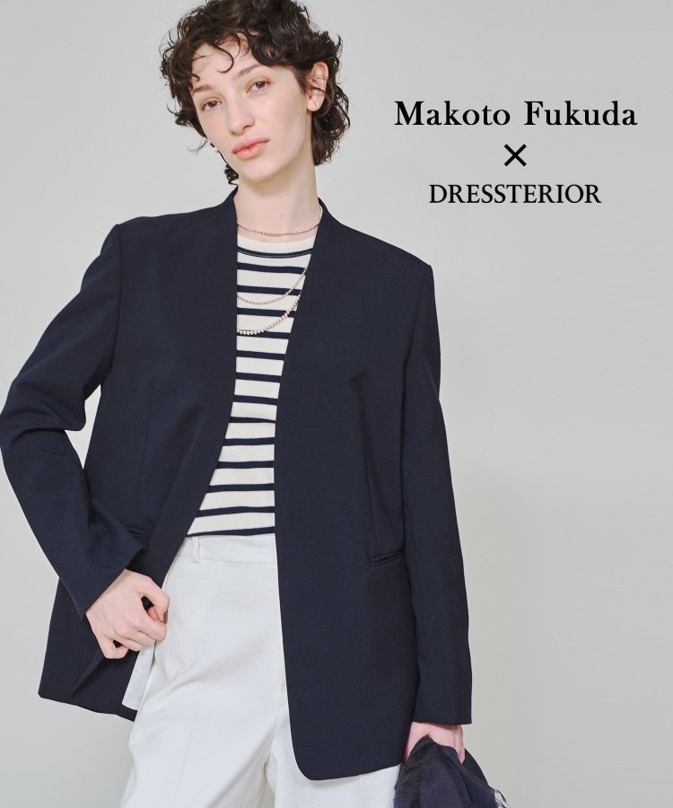 【ドレステリア/DRESSTERIOR】の【スタイリスト福田麻琴さんコラボ】ノーカラージャケット インテリア・キッズ・メンズ・レディースファッション・服の通販 founy(ファニー) 　ファッションモデル・俳優・女優　Models　女性　Women　福田麻琴　Fukuda Makoto　ファッション　Fashion　レディースファッション　Ladies' Fashion Online　アウター　Coat Outerwear　ジャケット　Jackets　ノーカラージャケット　No Collar Leather Jackets　インナー　Inner　コラボ　Collaboration　ジャケット　Jacket　スリット　Slit　デニム　Denim　ベーシック　Basic　ポケット　Pocket　リネン　Linen　エレガント 上品　Elegant　ネイビー|ID: prp329100004596066 ipo3291000000032659711