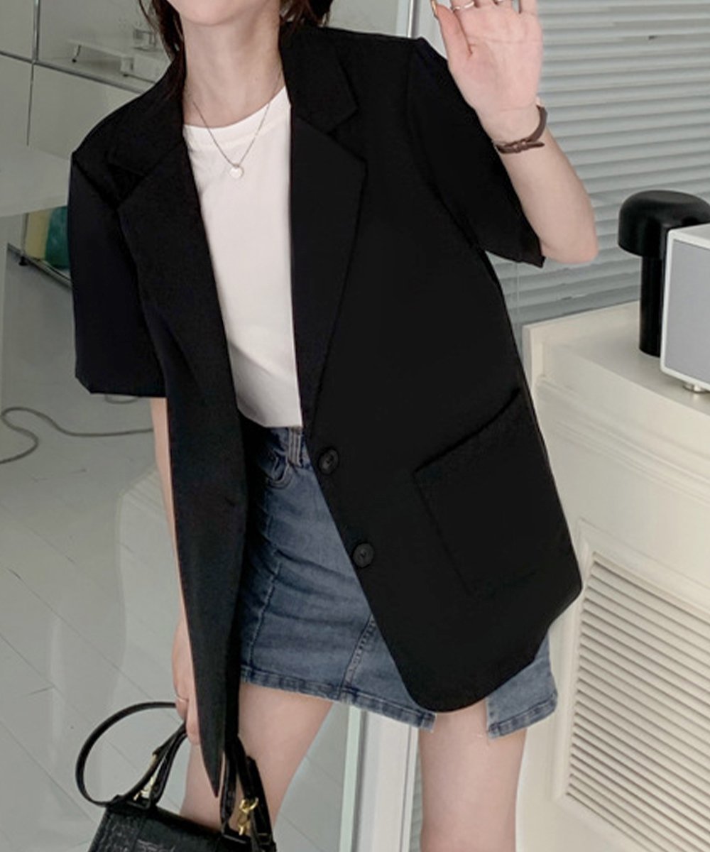 【ミニミニストア/miniministore】の半袖テーラードジャケット レディース夏服 インテリア・キッズ・メンズ・レディースファッション・服の通販 founy(ファニー) 　ファッション　Fashion　レディースファッション　Fashion for Women　アウター　Coat / Outerwear Collection　レディースジャケット・軽アウター　Jackets　テーラードジャケット / 通勤・きれいめスタイル　Tailored Jackets & Blazers　おすすめ　Recommended / Our Picks　インナー　Innerwear　コンパクト　Compact, Small Size　サマー　Summer, Summer Style　ジャケット　Jacket, Outerwear　スーツ　Suit, Formalwear　ロング　Long, Long-Length　半袖　Short Sleeve, Half Sleeve　夏　Summer　定番　Standard, Basic Item　春　Spring　S/S・春夏　SS, Spring/Summer, Warm Season　洗える　Machine Washable　無地　Plain, Solid Color　ビジネス 仕事 通勤　Business / Work / Commuting　ブラック|ID: prp329100004596145 ipo3291000000032660951