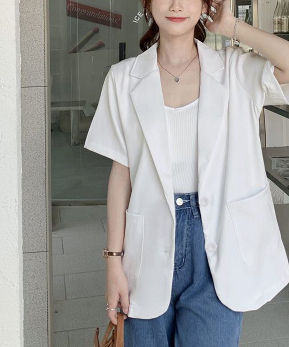 【ミニミニストア/miniministore】の半袖テーラードジャケット レディース夏服 インテリア・キッズ・メンズ・レディースファッション・服の通販 founy(ファニー) 　ファッション　Fashion　レディースファッション　Fashion for Women　アウター　Coat / Outerwear Collection　レディースジャケット・軽アウター　Jackets　テーラードジャケット / 通勤・きれいめスタイル　Tailored Jackets & Blazers　おすすめ　Recommended / Our Picks　インナー　Innerwear　コンパクト　Compact, Small Size　サマー　Summer, Summer Style　ジャケット　Jacket, Outerwear　スーツ　Suit, Formalwear　ロング　Long, Long-Length　半袖　Short Sleeve, Half Sleeve　夏　Summer　定番　Standard, Basic Item　春　Spring　S/S・春夏　SS, Spring/Summer, Warm Season　洗える　Machine Washable　無地　Plain, Solid Color　ビジネス 仕事 通勤　Business / Work / Commuting　ホワイト|ID: prp329100004596145 ipo3291000000032660953