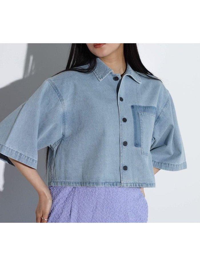 【ラシュッド/LASUD】のハーフスリーブオーバーデニムシャツ インテリア・キッズ・メンズ・レディースファッション・服の通販 founy(ファニー) https://founy.com/ ファッション Fashion レディースファッション Fashion for Women トップス・カットソー Cut & Sew Tops シャツ・ブラウス・オフィスカジュアル Elegant Blouses & Button-Ups ショート Short, Short Length スタンド Stand Collar, Upright Stand トレンド Trend, Trending Now バランス Balance, Style Balance ビンテージ Vintage, Retro Style マニッシュ Mannish, Boyish |ID: prp329100004596155 ipo3291000000032661063
