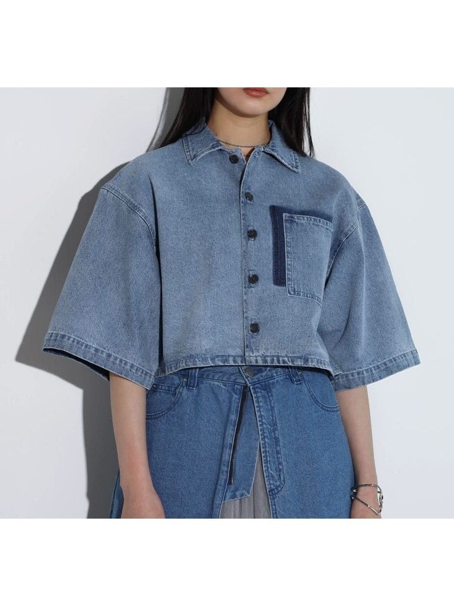 【ラシュッド/LASUD】のハーフスリーブオーバーデニムシャツ インテリア・キッズ・メンズ・レディースファッション・服の通販 founy(ファニー) 　ファッション　Fashion　レディースファッション　Fashion for Women　トップス・カットソー　Cut & Sew Tops　シャツ・ブラウス・オフィスカジュアル　Elegant Blouses & Button-Ups　ショート　Short, Short Length　スタンド　Stand Collar, Upright Stand　トレンド　Trend, Trending Now　バランス　Balance, Style Balance　ビンテージ　Vintage, Retro Style　マニッシュ　Mannish, Boyish　ブルー|ID: prp329100004596155 ipo3291000000032661067