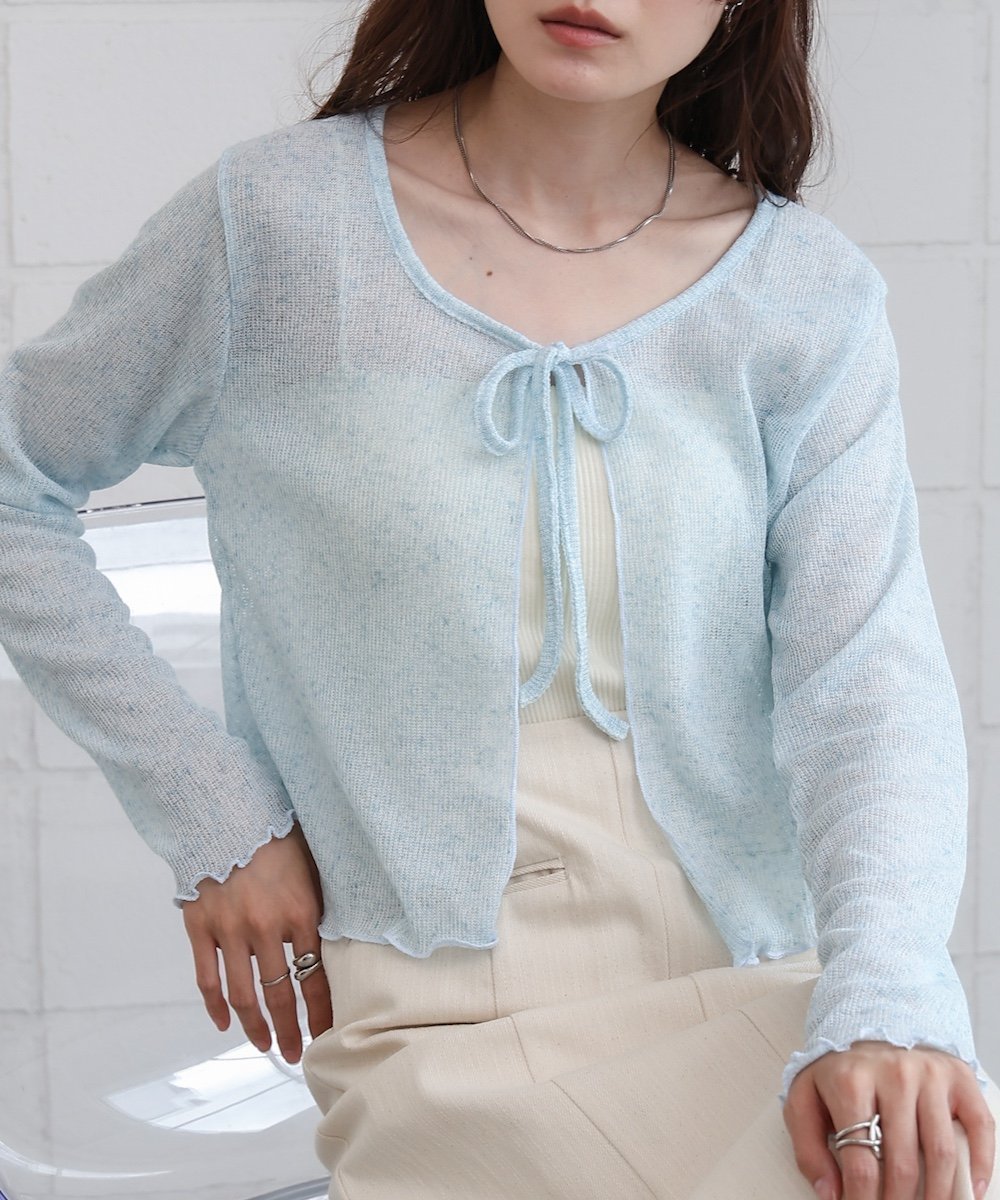 【バブ ブージュルード/Bab Bou Jeloud】のメランジリボンカーディガン インテリア・キッズ・メンズ・レディースファッション・服の通販 founy(ファニー) 　ファッション　Fashion　レディースファッション　Ladies' Fashion Online　トップス・カットソー　Tops/Tshirt　カーディガン　Cardigans　おすすめ　Recommend　インナー　Inner　カーディガン　Cardigan　ショート　Short　タンク　Tank　フリル　Frills　フロント　Front　ミックス　Mix　メランジ　Melange　リボン　Ribbon　ロング　Long　夏　Summer　春　Spring　秋　Autumn/Fall　羽織　Haori　BLUE|ID: prp329100004596177 ipo3291000000032661496