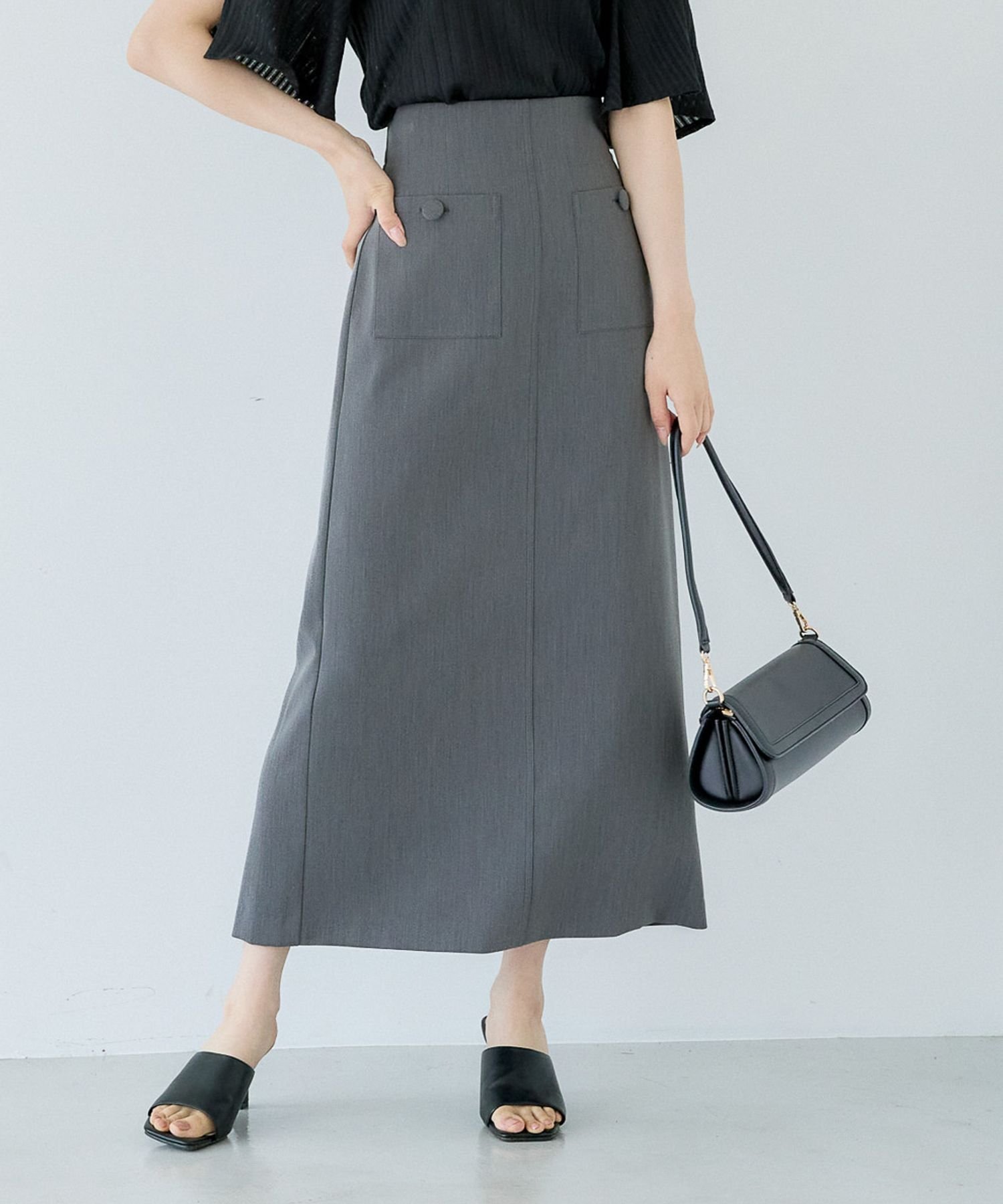 【アンデミュウ/Andemiu】のボタンポケットIラインスカート インテリア・キッズ・メンズ・レディースファッション・服の通販 founy(ファニー) 　ファッション　Fashion　レディースファッション　Ladies' Fashion Online　スカート　Skirt　シンプル　Simple　ストレッチ　Stretch　バランス　Balance　パッチ　Patch　フロント　Front　ポケット　Pocket　グレー|ID: prp329100004596392 ipo3291000000032664219