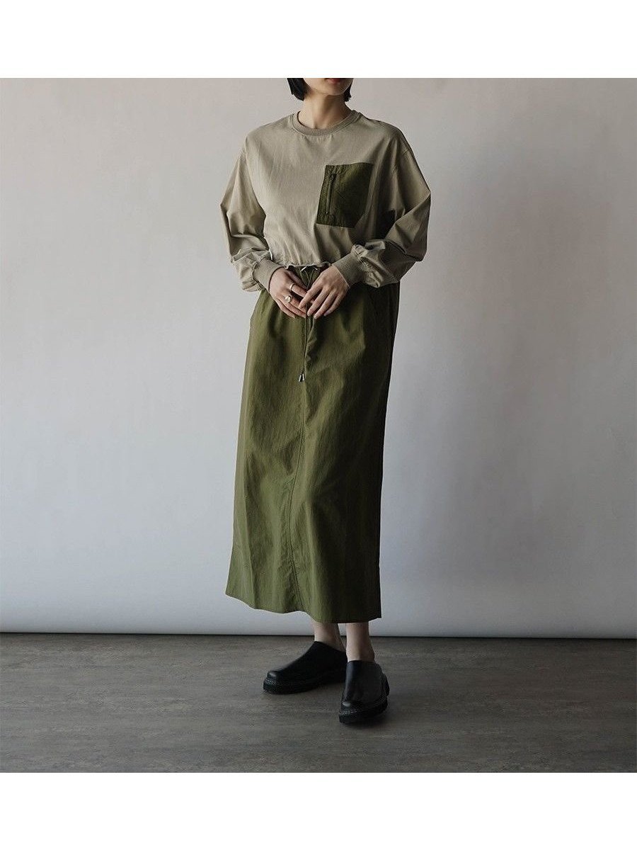 【ラシュッド/LASUD】のフロントポケットドッキングワンピース インテリア・キッズ・メンズ・レディースファッション・服の通販 founy(ファニー) 　ファッション　Fashion　レディースファッション　Fashion for Women　ワンピース　Dresses　スリット　Slit, Slit Detail　ドッキング　Docking, Mixed Material　フロント　Front, Front Design　ポケット　Pocket, Pocket Detail　カーキ|ID: prp329100004596543 ipo3291000000032721978