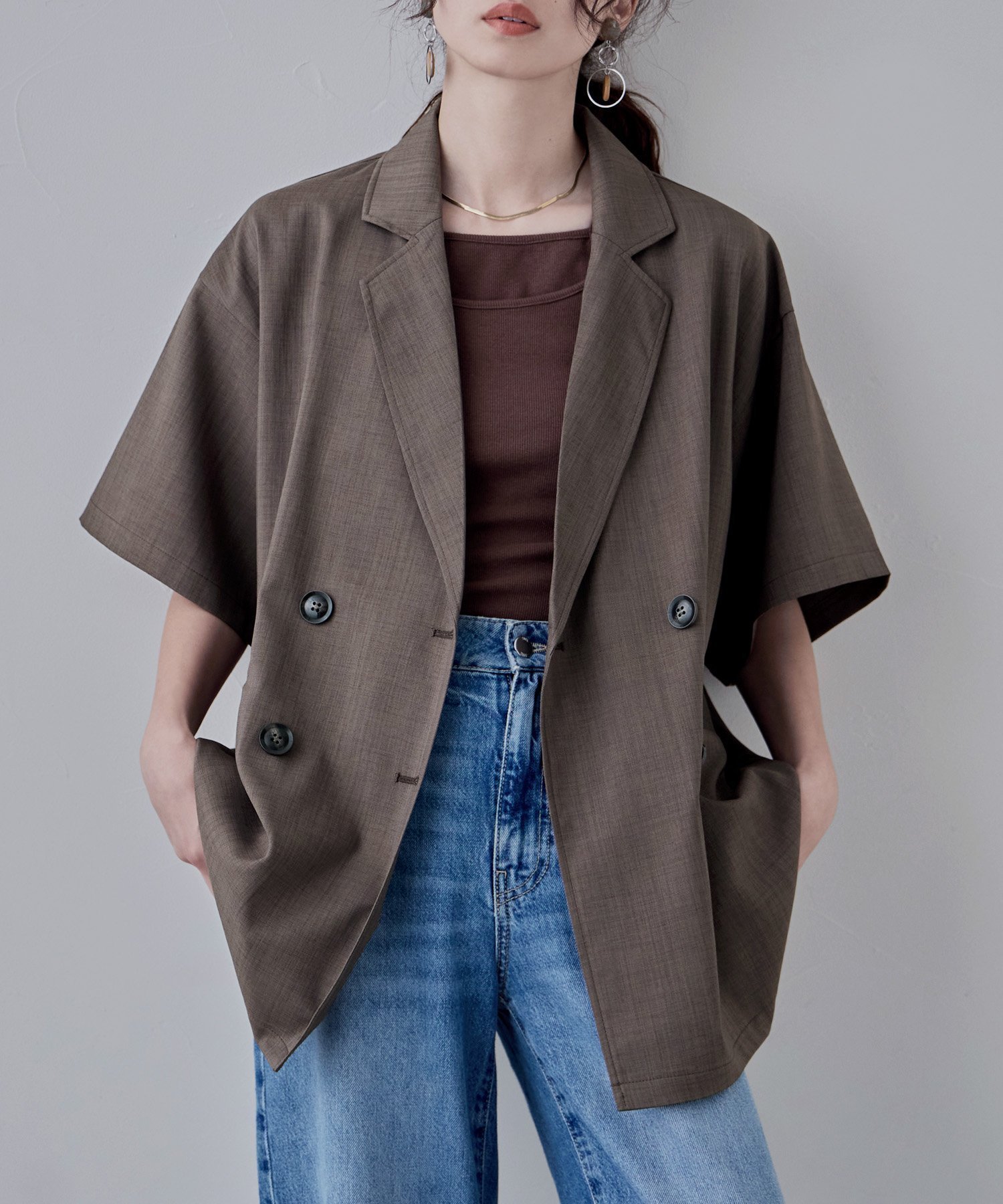 【その他のブランド/Other】のヘザーエステルツイルハーフスリーブジャケット インテリア・キッズ・メンズ・レディースファッション・服の通販 founy(ファニー) 　ファッション　Fashion　レディースファッション　Fashion for Women　アウター　Coat / Outerwear Collection　レディースジャケット・軽アウター　Jackets　インナー　Innerwear　シンプル　Simple, Minimal　ジャケット　Jacket, Outerwear　スリーブ　Sleeve, Long Sleeve / Short Sleeve　セットアップ　Set-Up, Coordinated Outfit　タンク　Tank Top, Sleeveless Top　ハーフ　Half, Half-Length　無地　Plain, Solid Color　ブラウン|ID: prp329100004596545 ipo3291000000032665932