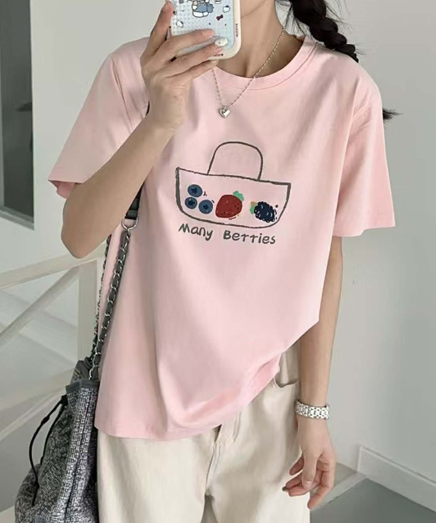 【アイモハ/aimoha】のaimoha -select-/カジュアルプリントTシャツ インテリア・キッズ・メンズ・レディースファッション・服の通販 founy(ファニー) 　ファッション　Fashion　レディースファッション　Ladies' Fashion Online　トップス・カットソー　Tops/Tshirt　シャツ/ブラウス　Shirts/Blouses　ロング / Tシャツ　T-Shirts　おすすめ　Recommend　ショート　Short　シンプル　Simple　デニム　Denim　フロント　Front　プリント　Print　リラックス　Relax　ピンク|ID: prp329100004596564 ipo3291000000032666219