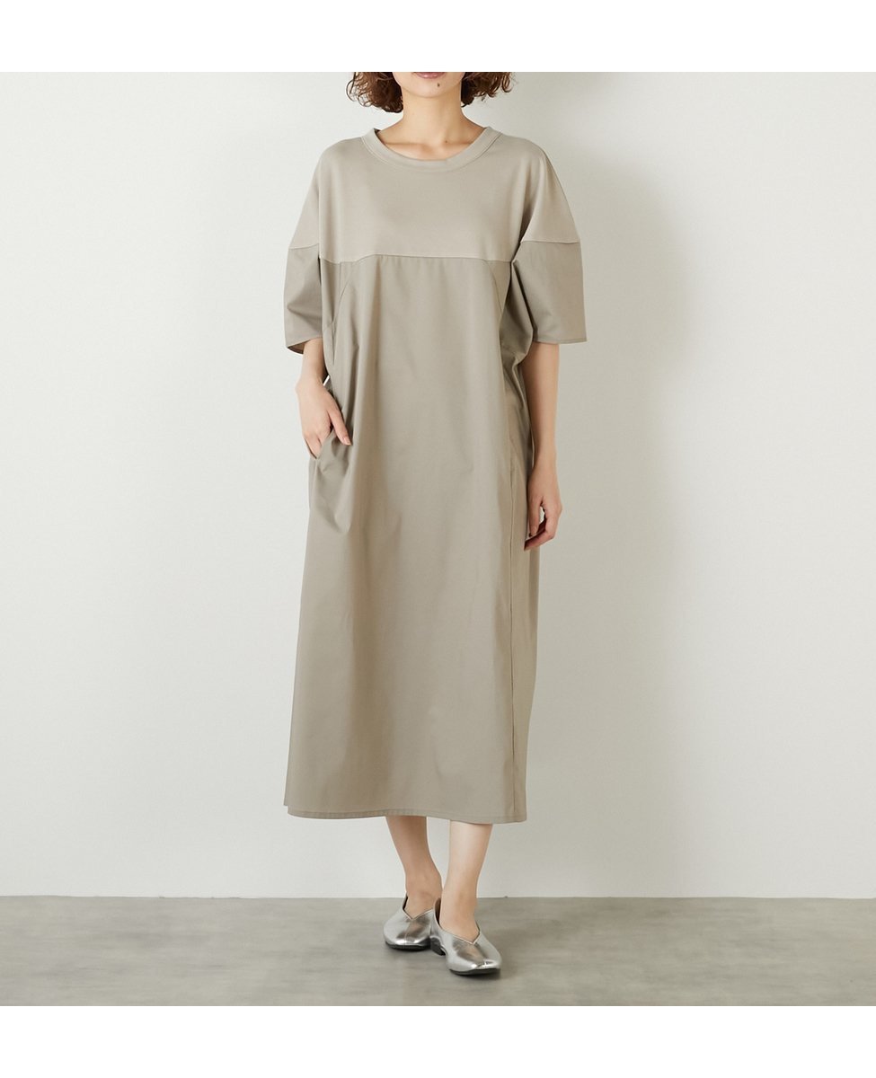 【メルローズ クレール/MELROSE claire】のカットソーコンビワンピース インテリア・キッズ・メンズ・レディースファッション・服の通販 founy(ファニー) 　ファッション　Fashion　レディースファッション　Ladies' Fashion Online　ワンピース　Dress　カットソー　Cut And Sew　コンビ　Combination　ストレッチ　Stretch　リラックス　Relax　グレイッシュベージュ|ID: prp329100004596575 ipo3291000000032666267