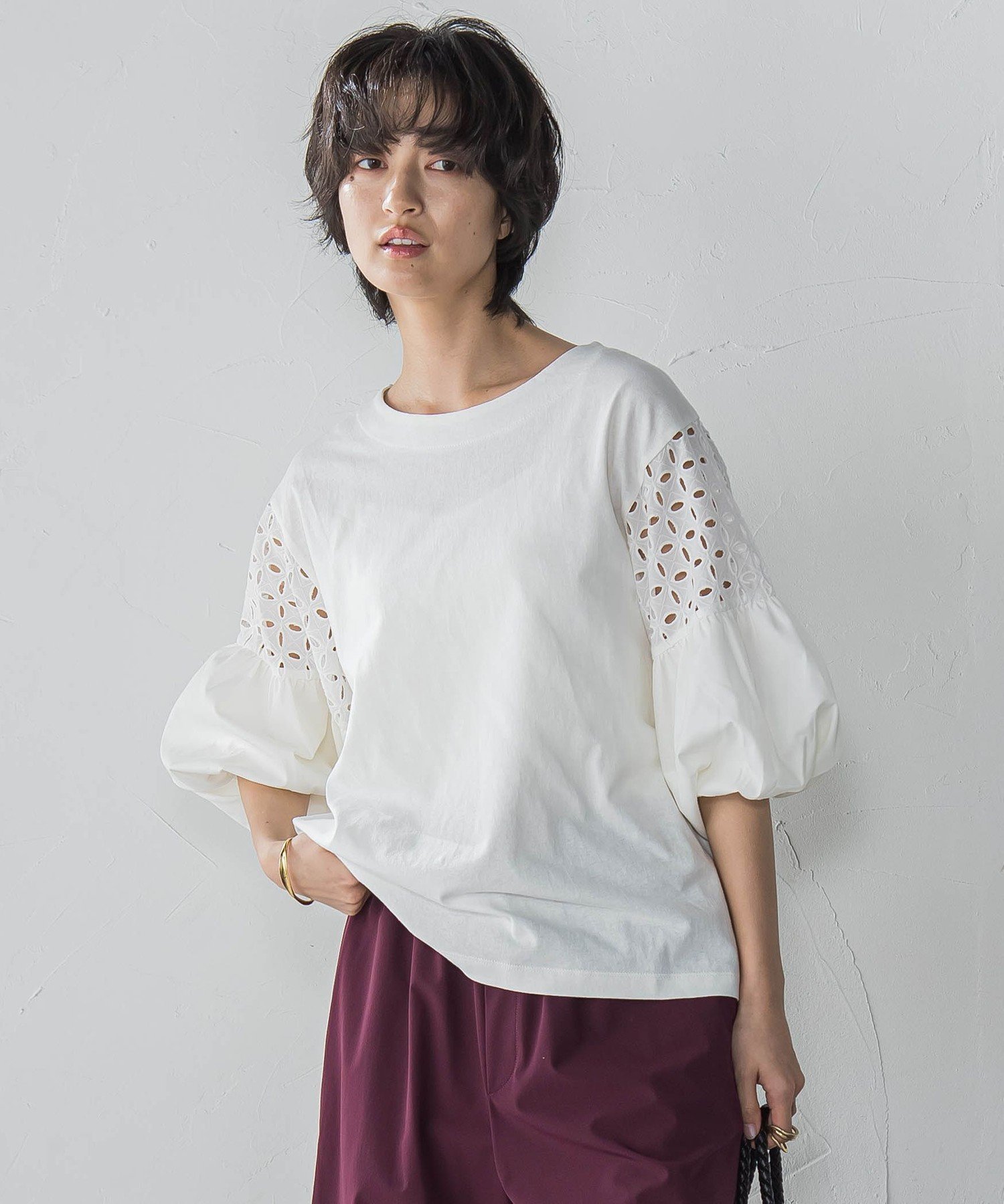 【メイソングレイ/MAYSON GREY】の【WEB限定】刺繍レーススリーブプルオーバー≪洗濯機で洗える≫ インテリア・キッズ・メンズ・レディースファッション・服の通販 founy(ファニー) 　ファッション　Fashion　レディースファッション　Ladies' Fashion Online　トップス・カットソー　Tops/Tshirt　プルオーバー　Pullover　アイレット　Eyelet　フェミニン　Feminine　レース　Race　洗える　Washable　ホワイト|ID: prp329100004596873 ipo3291000000032668982