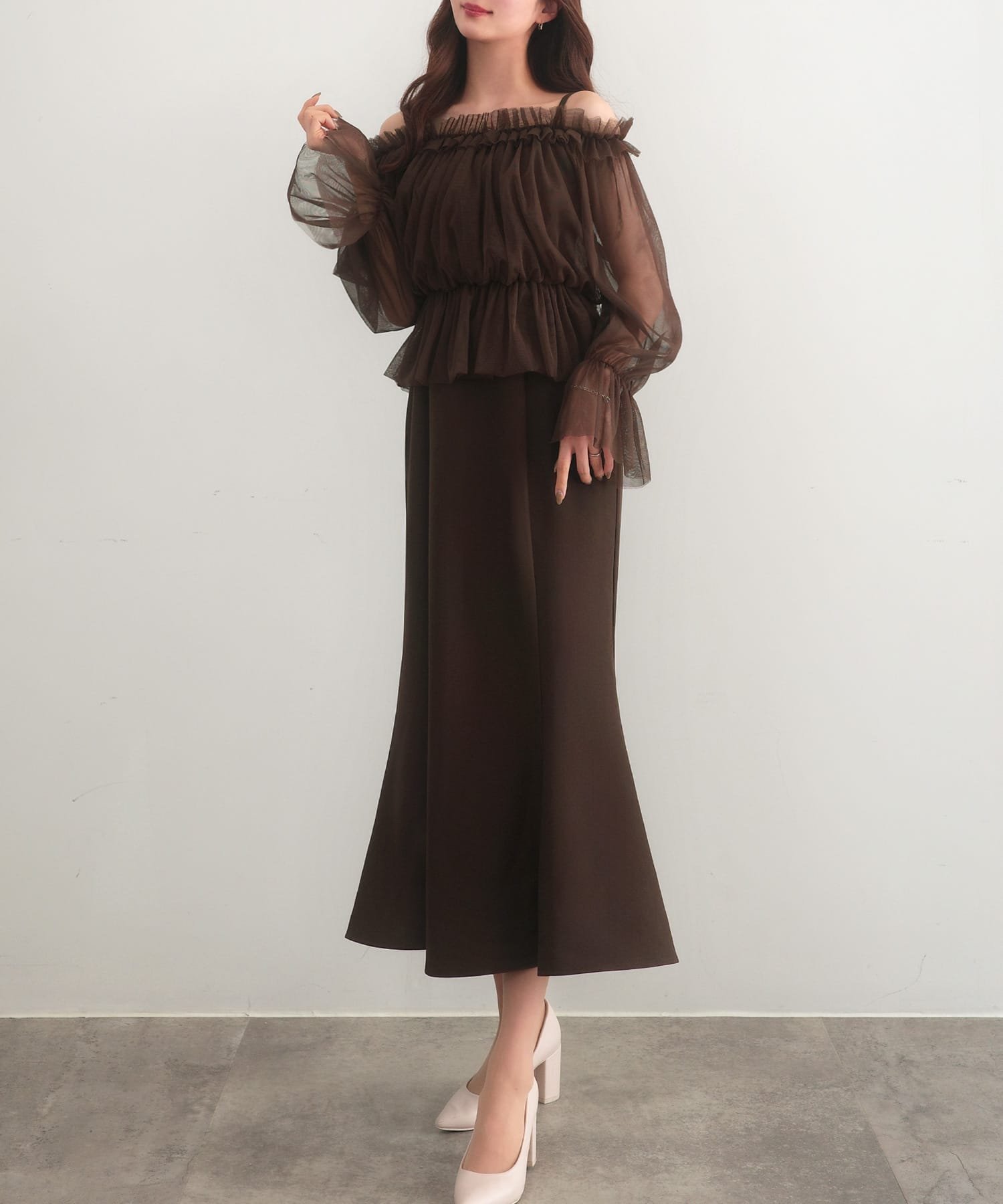 【ジュノア/JUNOAH】のセネア ブラウス+マーメイドワンピース インテリア・キッズ・メンズ・レディースファッション・服の通販 founy(ファニー) 　ファッション　Fashion　レディースファッション　Ladies' Fashion Online　ワンピース　Dress　マーメイド　Mermaid　ブラウン|ID: prp329100004597044 ipo3291000000032671165
