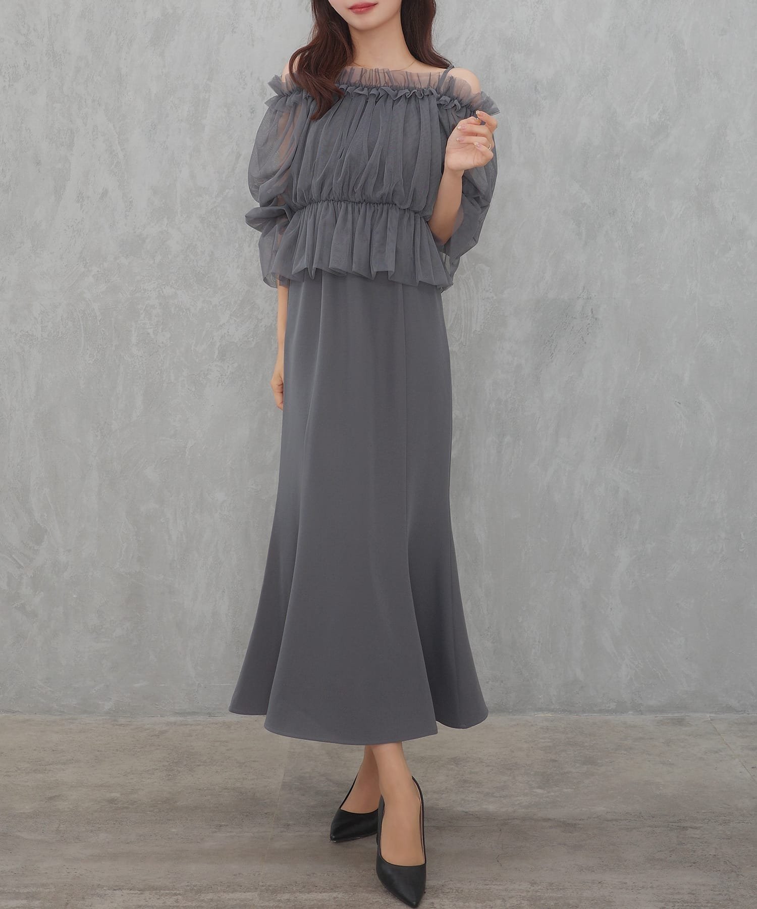 【ジュノア/JUNOAH】のセネア ブラウス+マーメイドワンピース インテリア・キッズ・メンズ・レディースファッション・服の通販 founy(ファニー) 　ファッション　Fashion　レディースファッション　Ladies' Fashion Online　ワンピース　Dress　マーメイド　Mermaid　チャコール|ID: prp329100004597044 ipo3291000000032671166