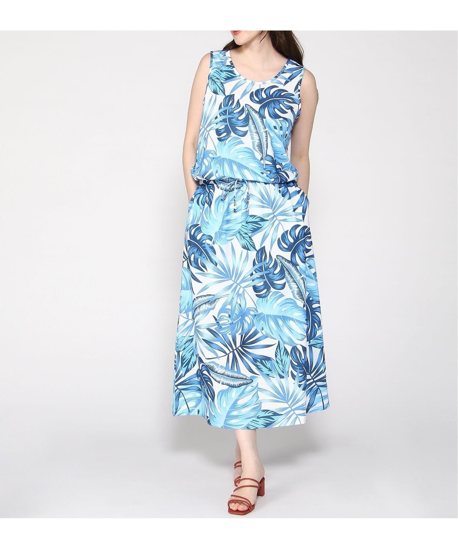 【フララニハワイ/Hula Lani Hawaii】のHula Lani Hawaii/サマー天竺 マキシワンピース インテリア・キッズ・メンズ・レディースファッション・服の通販 founy(ファニー) 　ファッション　Fashion　レディースファッション　Ladies' Fashion Online　ワンピース　Dress　マキシワンピース　Maxi Dress　カーディガン　Cardigan　サマー　Summer　テクスチャー　Texture　ノースリーブ　No Sleeve　プリント　Print　ベスト　Vest　マキシ　Maxi　無地　Plain Color　SAX|ID: prp329100004597132 ipo3291000000032671839