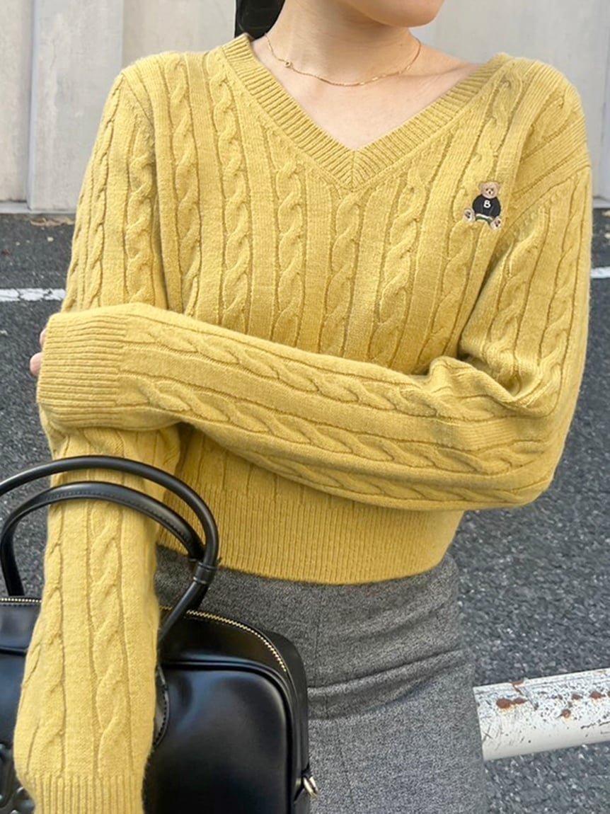 【スナイデル/SNIDEL】の【BEARPAW】ケーブルニットプルオーバー インテリア・キッズ・メンズ・レディースファッション・服の通販 founy(ファニー) 　ファッション　Fashion　レディースファッション　Ladies' Fashion Online　トップス・カットソー　Tops/Tshirt　ニット　Knit Tops　プルオーバー　Pullover　イエロー　Yellow　インナー　Inner　コラボ　Collaboration　コンパクト　Compact　ジャケット　Jacket　ボトム　Bottom　エレガント 上品　Elegant　YEL[032]|ID: prp329100004597254 ipo3291000000032673207