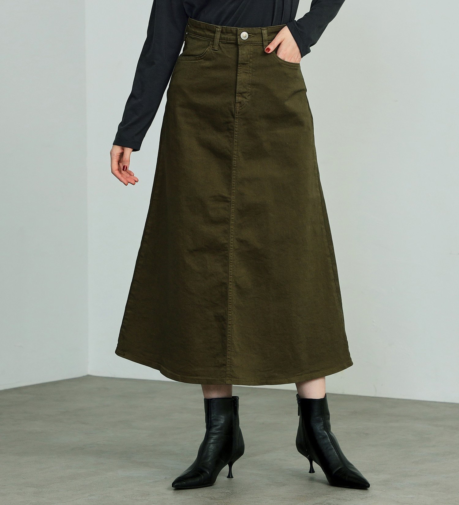 【その他のブランド/Other】のSOMETHING フレアデニムスカート インテリア・キッズ・メンズ・レディースファッション・服の通販 founy(ファニー) 　ファッション　Fashion　レディースファッション　Ladies' Fashion Online　スカート　Skirt　デニムスカート　Denim Skirts　おすすめ　Recommend　ストレッチ　Stretch　デニム　Denim　フィット　Fit　フレア　Flare　プリーツ　Pleats　ベーシック　Basic　ボックス　Box　オリーブ|ID: prp329100004597610 ipo3291000000032677295