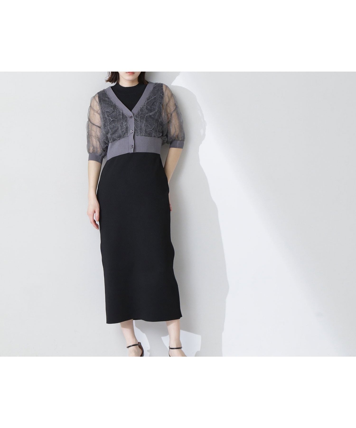 【ナチュラル ビューティー ベーシック/NATURAL BEAUTY BASIC】のシャーリングシアーカーデセットワンピース インテリア・キッズ・メンズ・レディースファッション・服の通販 founy(ファニー) 　ファッション　Fashion　レディースファッション　Ladies' Fashion Online　ワンピース　Dress　カーディガン　Cardigan　シアー　Sheer　リブニット　Rib Knit　クロ×グレー2|ID: prp329100004597672 ipo3291000000032678089