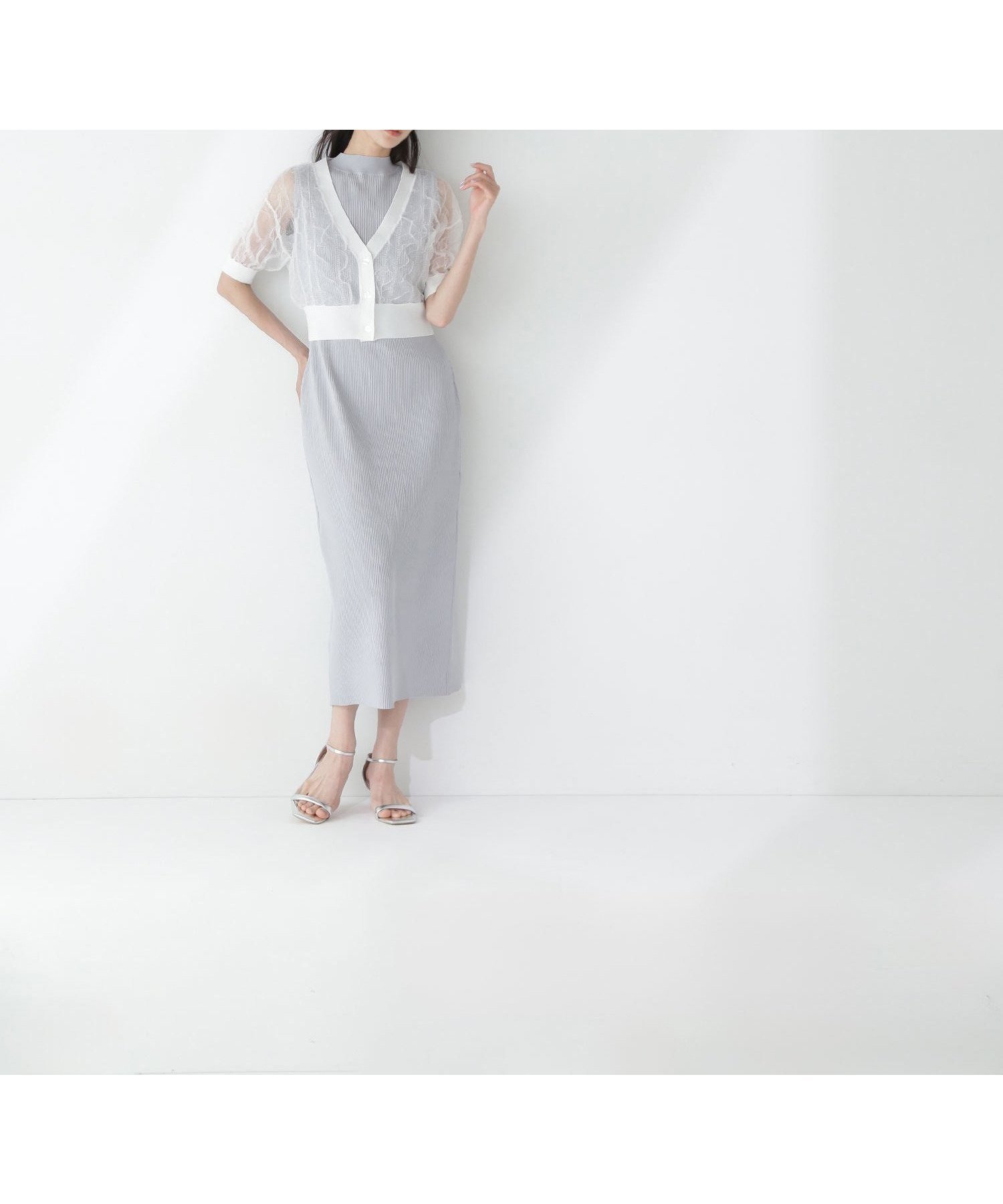 【ナチュラル ビューティー ベーシック/NATURAL BEAUTY BASIC】のシャーリングシアーカーデセットワンピース インテリア・キッズ・メンズ・レディースファッション・服の通販 founy(ファニー) 　ファッション　Fashion　レディースファッション　Ladies' Fashion Online　ワンピース　Dress　カーディガン　Cardigan　シアー　Sheer　リブニット　Rib Knit　グレー×オフ2|ID: prp329100004597672 ipo3291000000032678093