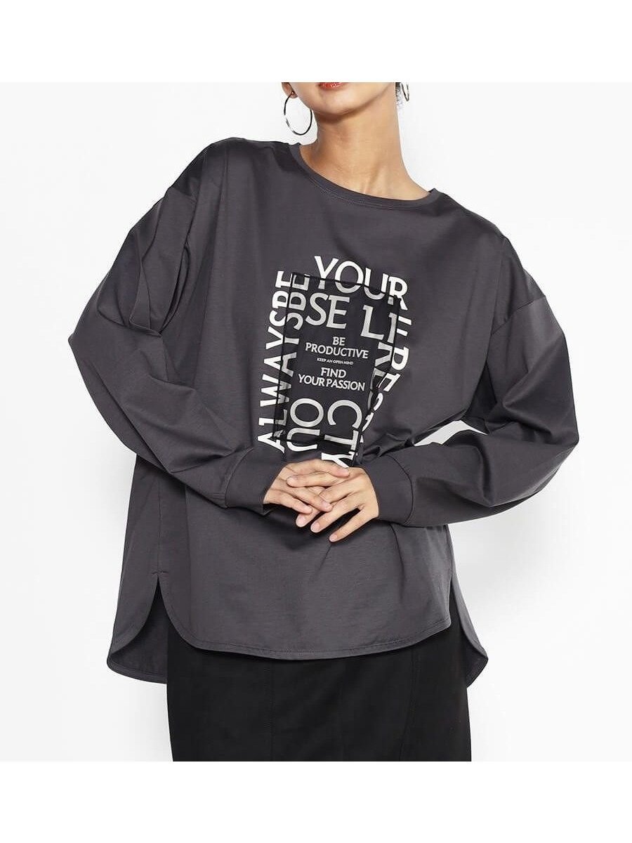 【ヴァン/Vin】のデザインロゴロングスリーブTシャツ インテリア・キッズ・メンズ・レディースファッション・服の通販 founy(ファニー) 　ファッション　Fashion　レディースファッション　Ladies' Fashion Online　トップス・カットソー　Tops/Tshirt　シャツ/ブラウス　Shirts/Blouses　ロング / Tシャツ　T-Shirts　インナー　Inner　コンパクト　Compact　ジャケット　Jacket　スリーブ　Sleeve　ルーズ　Loose　ロング　Long　チャコールグレー|ID: prp329100004597706 ipo3291000000032678479