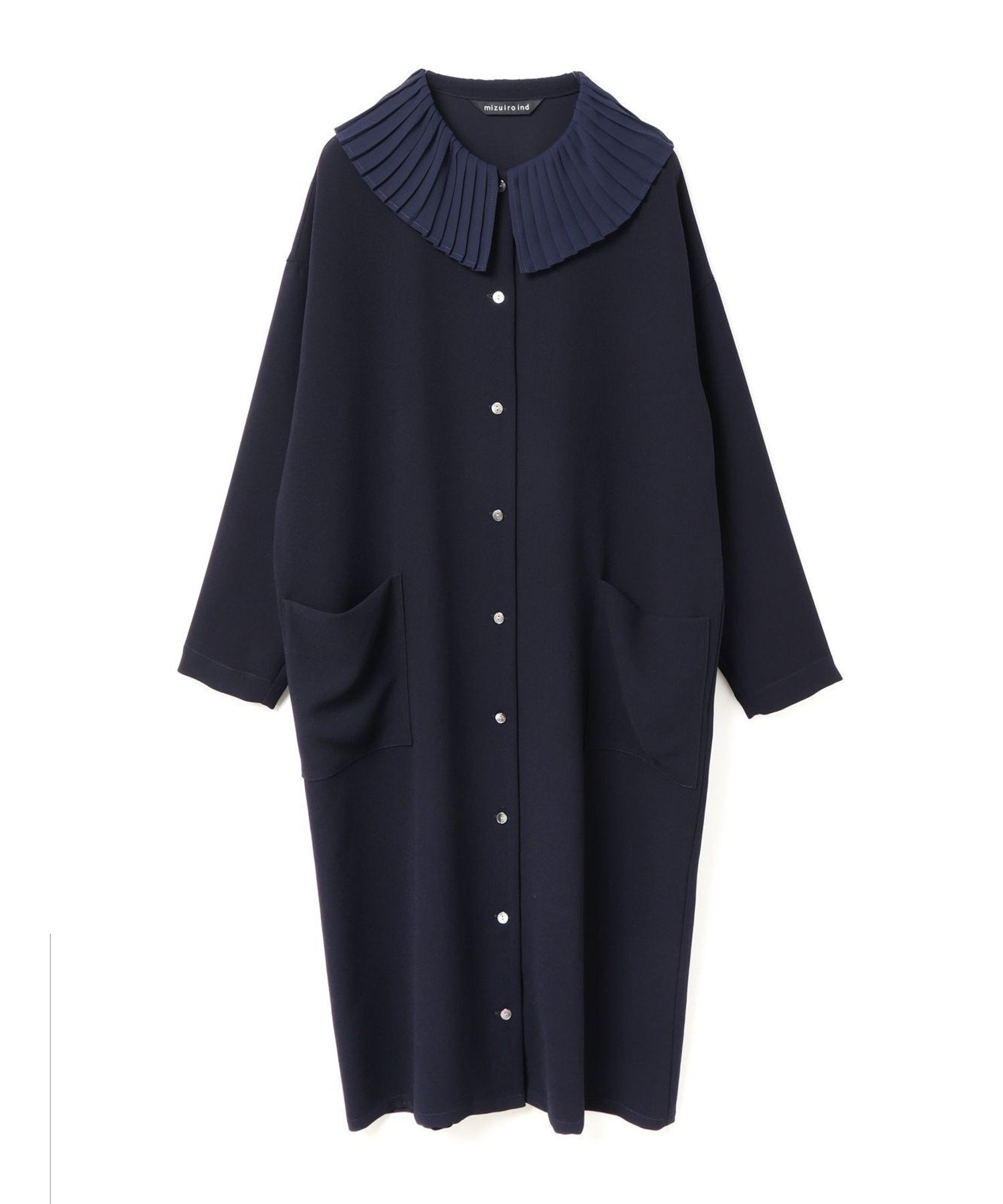 【マーコート/MARcourt】のmizuiro ind プリーツカラーワンピース インテリア・キッズ・メンズ・レディースファッション・服の通販 founy(ファニー) 　ファッション　Fashion　レディースファッション　Fashion for Women　ワンピース　Dresses　シフォン　Chiffon, Lightweight Fabric　ジョーゼット　Georgette, Semi-Sheer Fabric　ストレッチ　Stretch, Stretchy Fabric　フロント　Front, Front Design　プリーツ　Pleats, Pleated　ポケット　Pocket, Pocket Detail　エレガント 上品　Elegant　人気　Popular, Best Seller　無地　Plain, Solid Color　羽織　Haori, Light Jacket　長袖　Long Sleeve, Full Sleeve　ネイビー|ID: prp329100004597872 ipo3291000000032751273