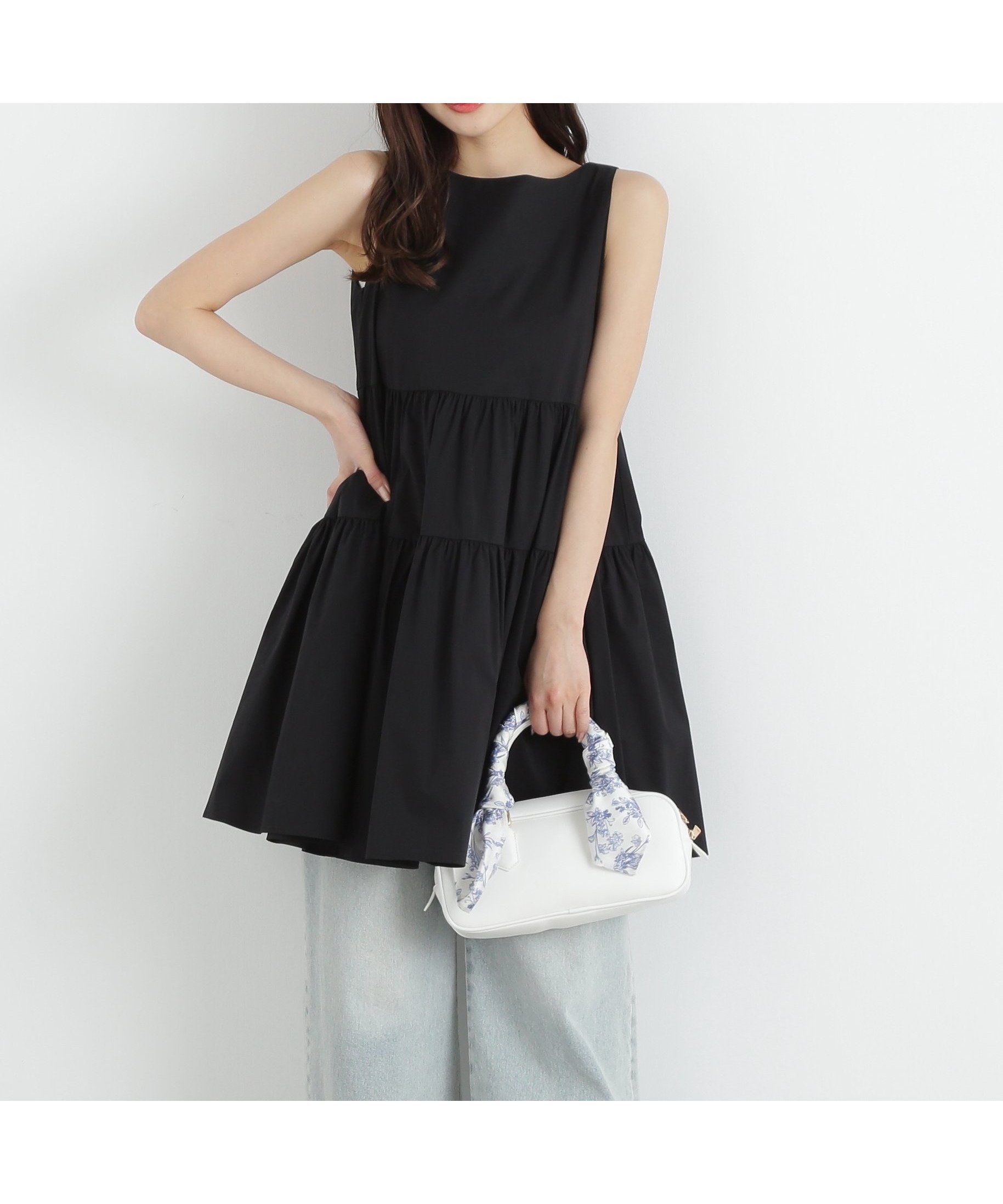 【プロポーション ボディドレッシング/PROPORTION BODY DRESSING】の《EDIT COLOGNE》ティアードミニワンピース インテリア・キッズ・メンズ・レディースファッション・服の通販 founy(ファニー) 　ファッション　Fashion　レディースファッション　Ladies' Fashion Online　ワンピース　Dress　おすすめ　Recommend　デニム　Denim　ノースリーブ　No Sleeve　フレア　Flare　リボン　Ribbon　夏　Summer　ブラック|ID: prp329100004597937 ipo3291000000032681056