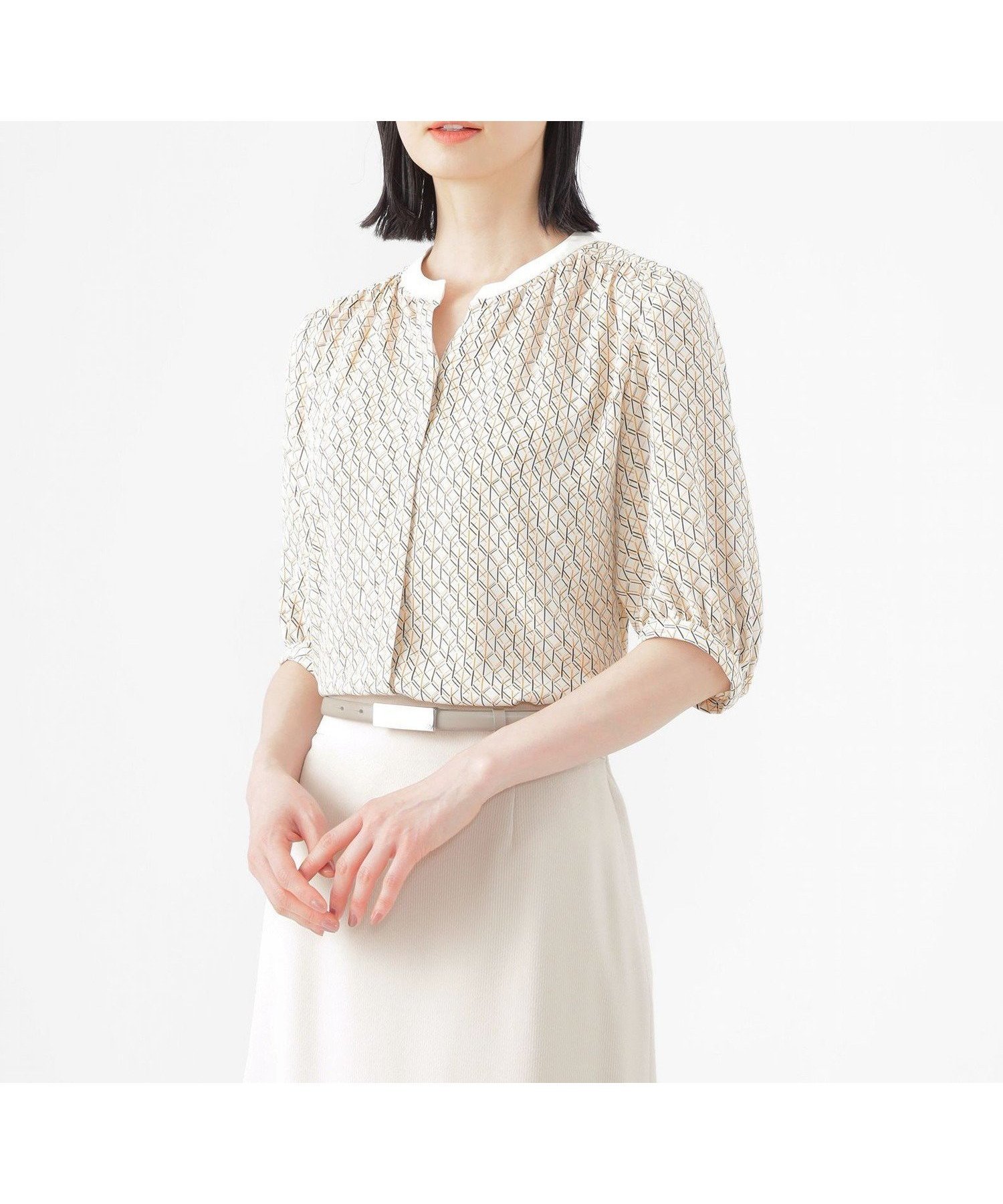 【トランスワーク/TRANS WORK】の【UV対策】【ウォッシャブル】ラインキューブプリントキーネックブラウス インテリア・キッズ・メンズ・レディースファッション・服の通販 founy(ファニー) 　ファッション　Fashion　レディースファッション　Ladies' Fashion Online　トップス・カットソー　Tops/Tshirt　シャツ/ブラウス　Shirts/Blouses　インナー　Inner　ウォッシャブル　Washable　サテン　Satin　シンプル　Simple　プリント　Print　ロンドン　London　エレガント 上品　Elegant　抗菌　Antibacterial　春　Spring　秋　Autumn/Fall　羽織　Haori　ライトグレー|ID: prp329100004597950 ipo3291000000032681190
