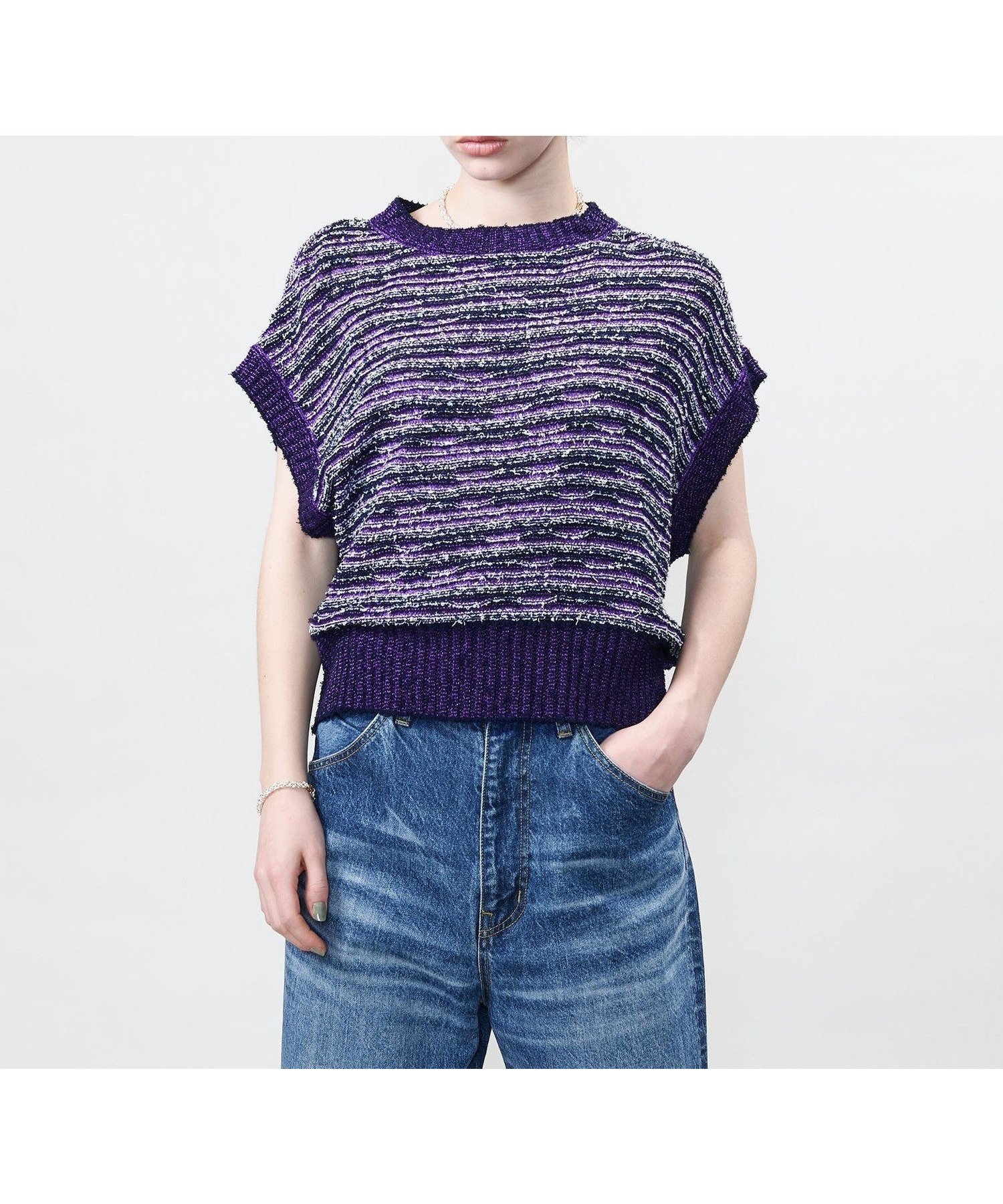 【ユナイテッドアローズ/UNITED ARROWS】のASTRAET ボーダー ノースリーブ クルーネックニット インテリア・キッズ・メンズ・レディースファッション・服の通販 founy(ファニー) 　ファッション　Fashion　レディースファッション　Ladies' Fashion Online　トップス・カットソー　Tops/Tshirt　ニット　Knit Tops　キャミソール / ノースリーブ　No Sleeves　ショート　Short　ノースリーブ　No Sleeve　バランス　Balance　ボトム　Bottom　ボーダー　Border　PURPLE|ID: prp329100004598020 ipo3291000000032681687