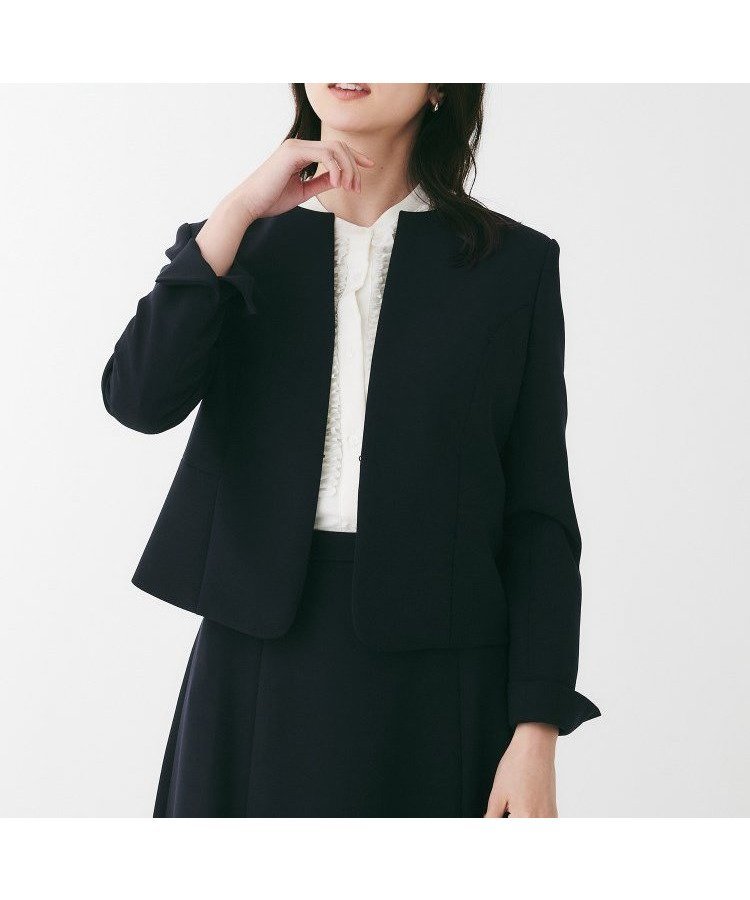 【アンタイトル/UNTITLED】のダブルクロスノーカラージャケット インテリア・キッズ・メンズ・レディースファッション・服の通販 founy(ファニー) 　ファッション　Fashion　レディースファッション　Ladies' Fashion Online　アウター　Coat Outerwear　ジャケット　Jackets　ノーカラージャケット　No Collar Leather Jackets　シェイプ　Shape　ショート　Short　ジャケット　Jacket　ストレッチ　Stretch　ダブル　Double　ポケット　Pocket　ネイビー|ID: prp329100004598539 ipo3291000000032687248