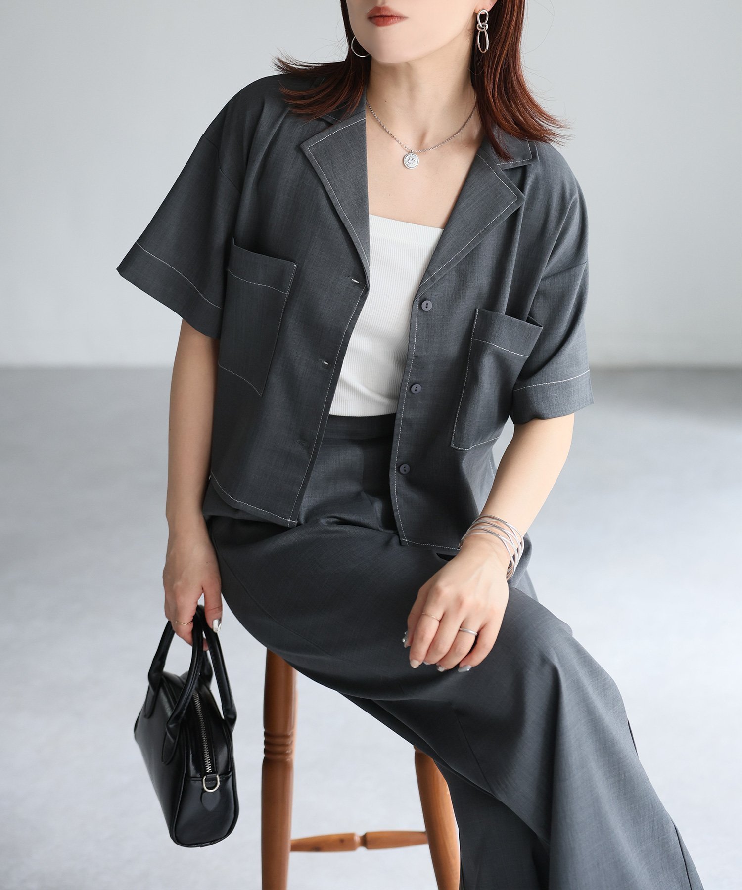 【リベリー/Riberry】の配色ステッチ半袖セットアップ インテリア・キッズ・メンズ・レディースファッション・服の通販 founy(ファニー) 　ファッション　Fashion　レディースファッション　Ladies' Fashion Online　トップス・カットソー　Tops/Tshirt　おすすめ　Recommend　ジャケット　Jacket　セットアップ　Set Up　ポケット　Pocket　今季　This Season　半袖　Short Sleeve　夏　Summer　チャコールグレー|ID: prp329100004598547 ipo3291000000032687316