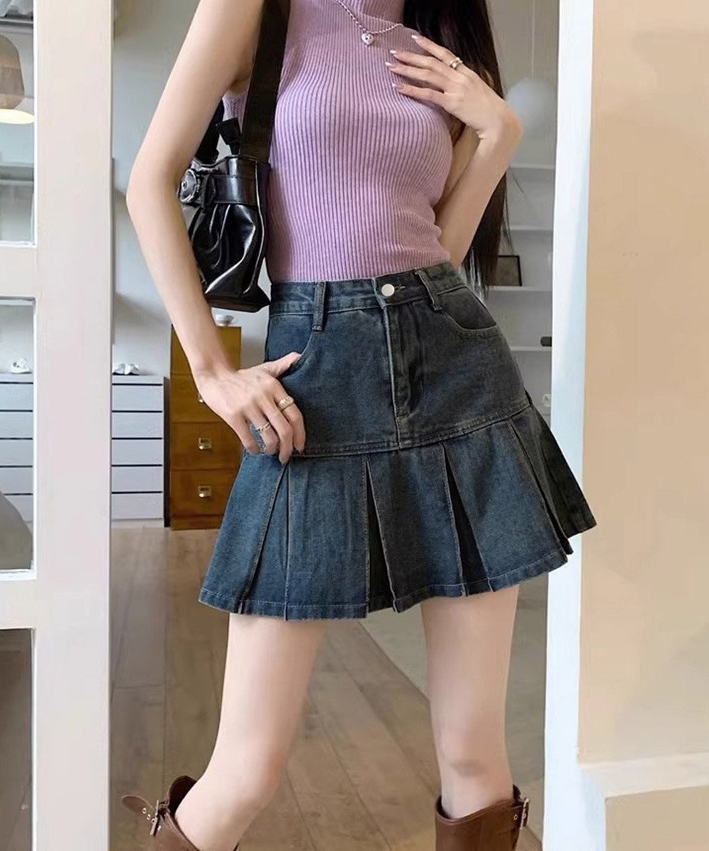 【ミニミニストア/miniministore】のプリーツデニムスカートミニスカート韓国風 インテリア・キッズ・メンズ・レディースファッション・服の通販 founy(ファニー) 　ファッション　Fashion　レディースファッション　Ladies' Fashion Online　スカート　Skirt　デニムスカート　Denim Skirts　ミニスカート　Mini Skirts　スニーカー　Sneakers　デニム　Denim　プリーツ　Pleats　台形　Trapezoid　無地　Plain Color　インディゴブルー|ID: prp329100004598633 ipo3291000000032688140