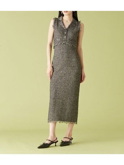 【リリーブラウン/Lily Brown】のツイードジレニットワンピース インテリア・キッズ・メンズ・レディースファッション・服の通販 founy(ファニー) 　ファッション　Fashion　レディースファッション　Ladies' Fashion Online　アウター　Coat Outerwear　ワンピース　Dress　ニットワンピース　Knit Dresses　エレガント 上品　Elegant　クラシカル　Classical　ストレート　Straight　フリンジ　Fringe　ポケット　Pocket　マニッシュ　Mannish　ループ　Loop　BLK[009]|ID: prp329100004598964 ipo3291000000032691061