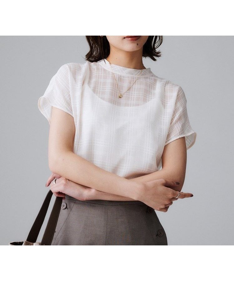 【アンタイトル/UNTITLED】の【シアー】チェックスタンドネックブラウス 人気、トレンドファッション・服の通販 founy(ファニー) 　ファッション　Fashion　レディースファッション　Ladies' Fashion Online　トップス・カットソー　Tops/Tshirt　シャツ/ブラウス　Shirts/Blouses　おすすめ　Recommend　シアー　Sheer　シンプル　Simple　スタンド　Stand　スリーブ　Sleeve　チェック　Check　フレンチ　French　エレガント 上品　Elegant　 other-1|ID: prp329100004599071 ipo3291000000032691887