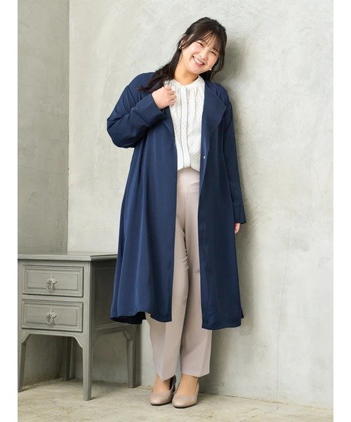 【その他のブランド/Other】のサテンノーカラーロングトレンチコート インテリア・キッズ・メンズ・レディースファッション・服の通販 founy(ファニー) 　ファッション　Fashion　レディースファッション　Ladies' Fashion Online　アウター　Coat Outerwear　コート　Coats　トレンチコート　Trench Coats　おすすめ　Recommend　なめらか　Smooth　インナー　Inner　タートルネック　Turtleneck　トレンチ　Trench　ポケット　Pocket　リボン　Ribbon　ロング　Long　紺|ID: prp329100004599179 ipo3291000000032692872